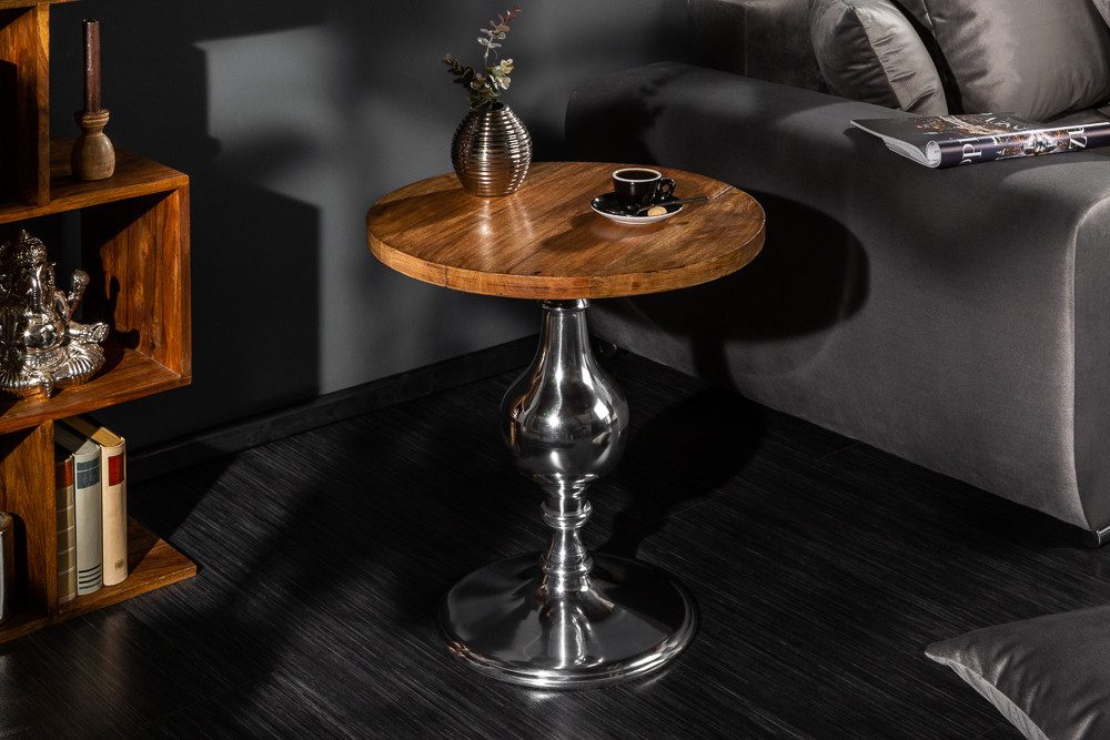 riess-ambiente Beistelltisch EXTRAVAGANCIA 60cm natur / silber (Einzelartikel, 1-St), Wohnzimmer · Mango-Massivholz · rund · Säulenfuß aus Metall · Design