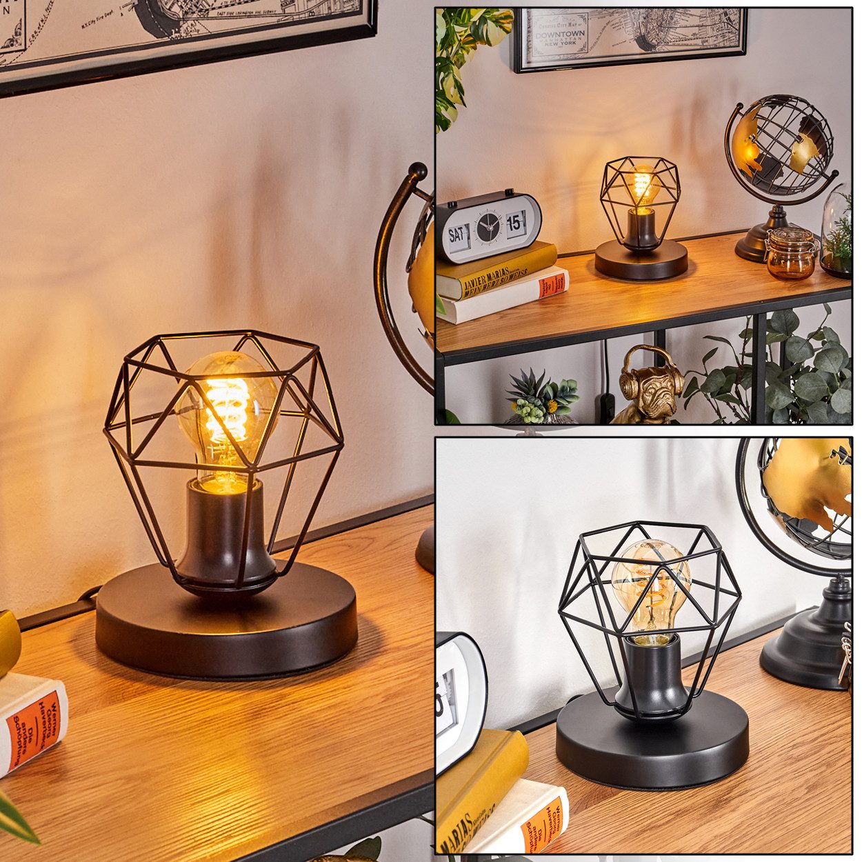 hofstein Tischleuchte Tischlampe aus Metall in Schwarz, ohne Leuchtmittel, Gitterschirmleuchte (15cm), Schalter, 1 x E27, ohne Leuchtmittel