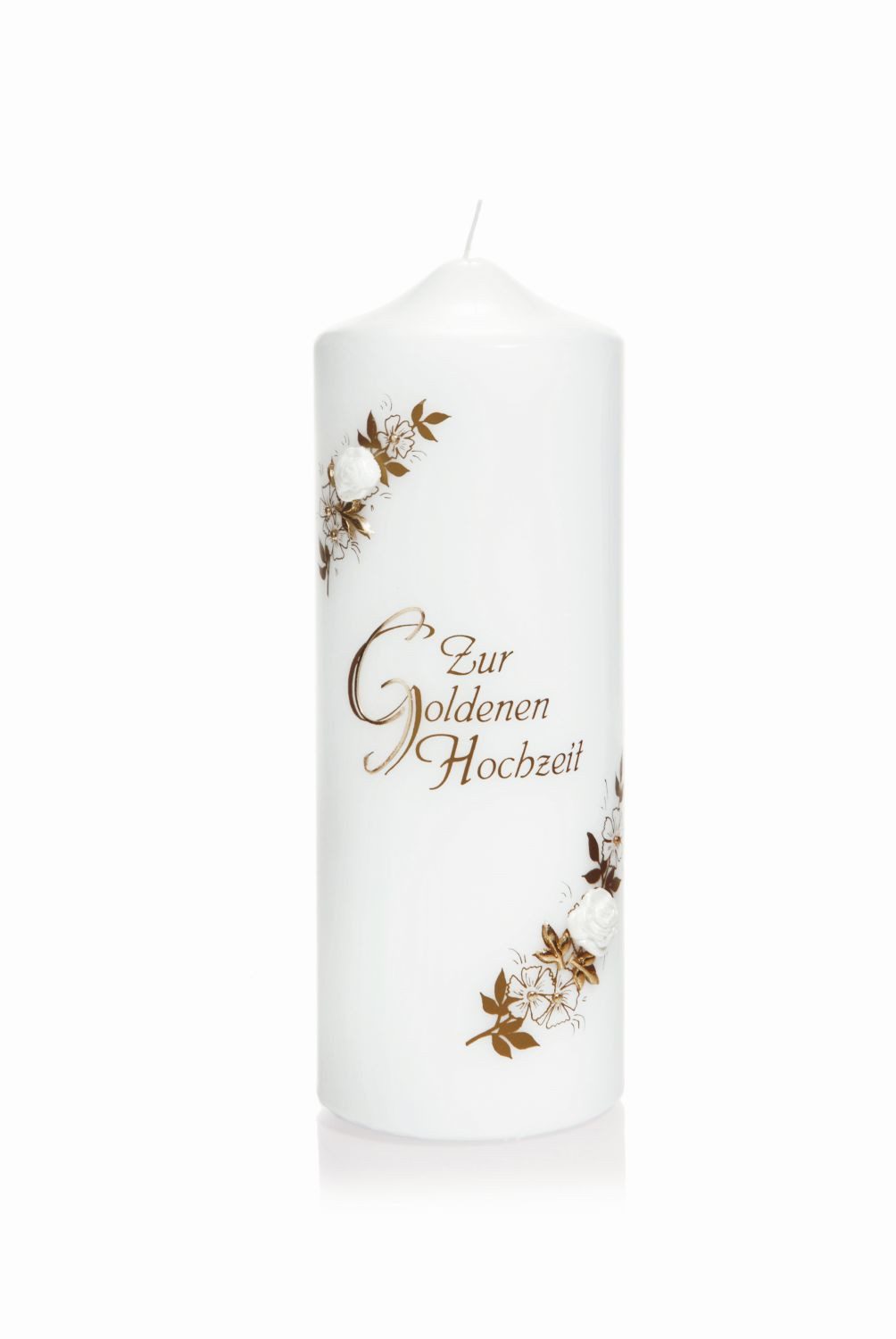 INNA-Glas Stumpenkerze Trauungskerze MAVERICK, Zur Goldenen Hochzeit, weiß-gold, 22cm, Ø7,8cm