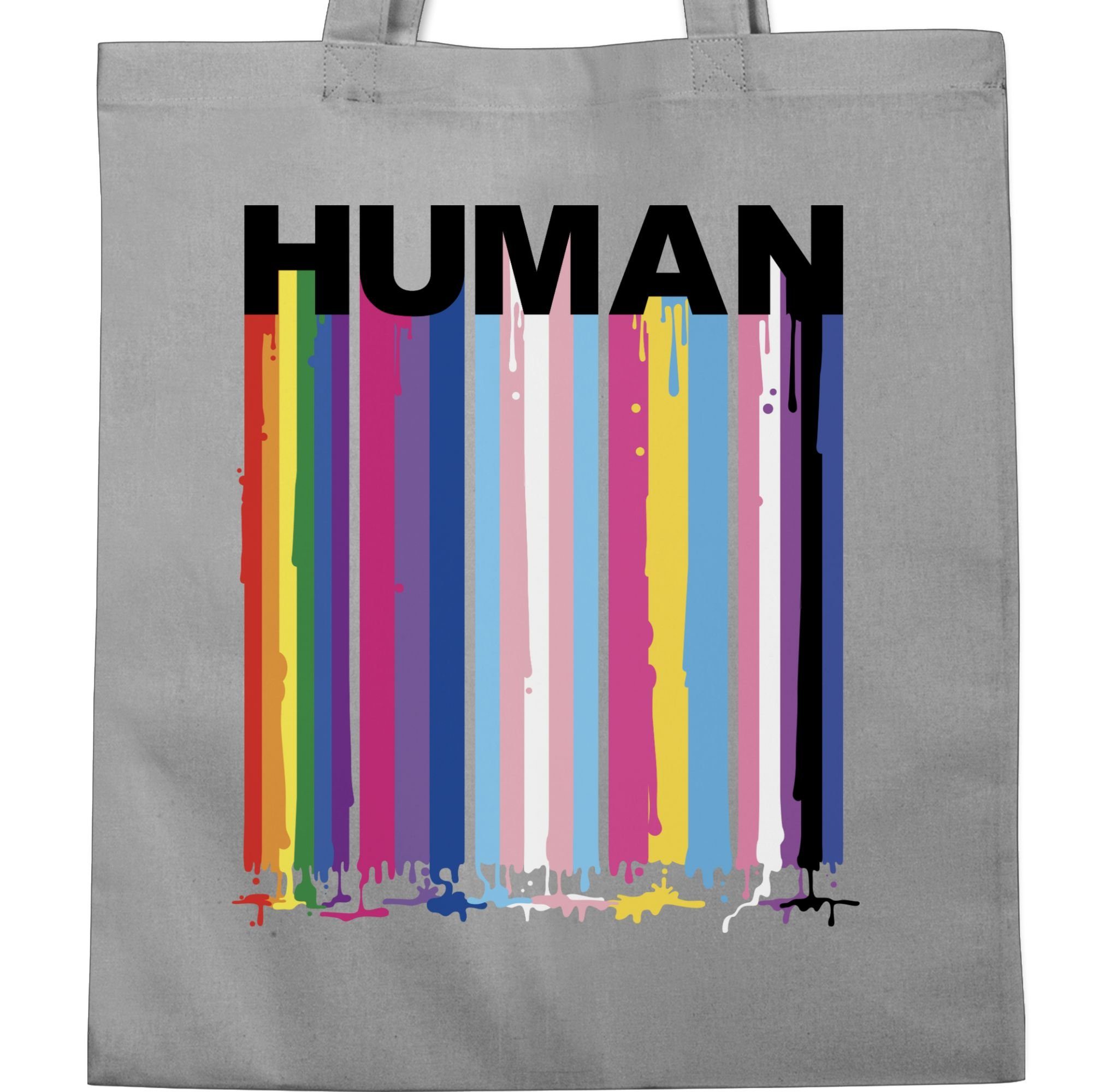Blockschrift LGBT 2 Hellgrau Shirtracer HUMAN Farben Regenbogen Tropfen, Kleidung Umhängetasche