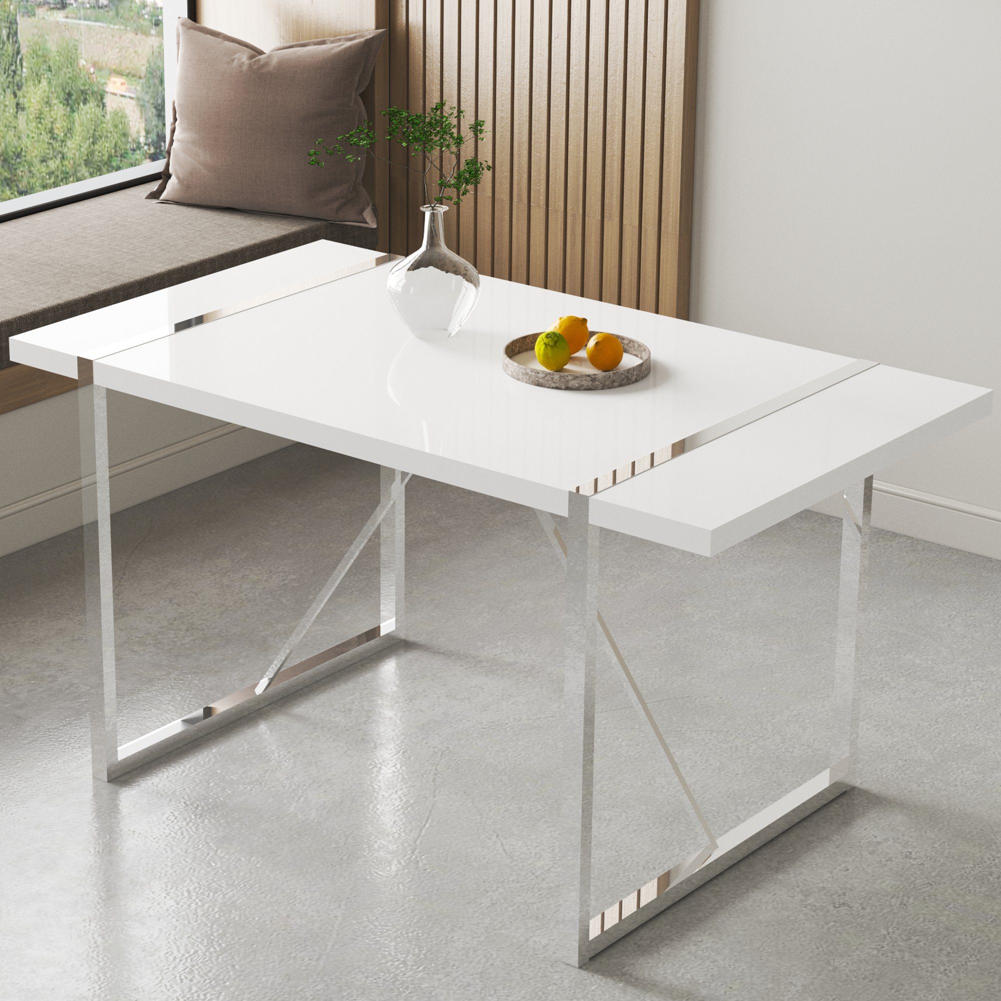 Odikalo Rechteckig Edelstahlbeinen 4 Glänzend Stühlen Tisch Esszimmer-Set Set mehrere Farben Creme