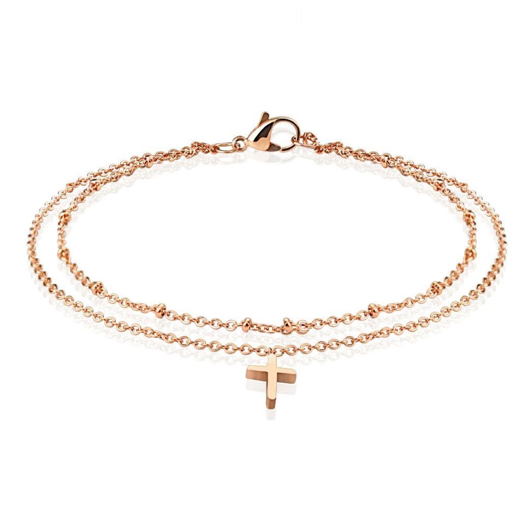 Armband, Bettelarmband doppelt Armschmuck Edelstahl Armband BUNGSA mit aus Kreuz Rosegold Damen Charm (1 1-tlg), Bracelet