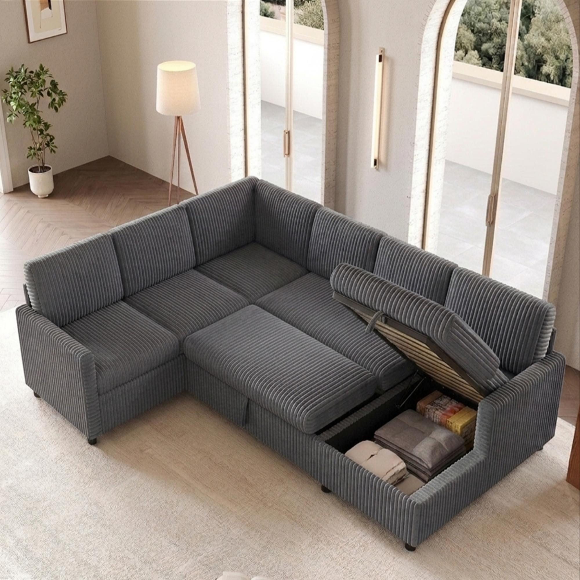 Flieks Ecksofa U-förmig ausziehbares Schlafsofa mit Schlaffunktion & Bettkasten, 220×274×85 cm, 6-Sitzer Sofa Eck-Schlafcouch mit Stauraum Cordstoff Grau