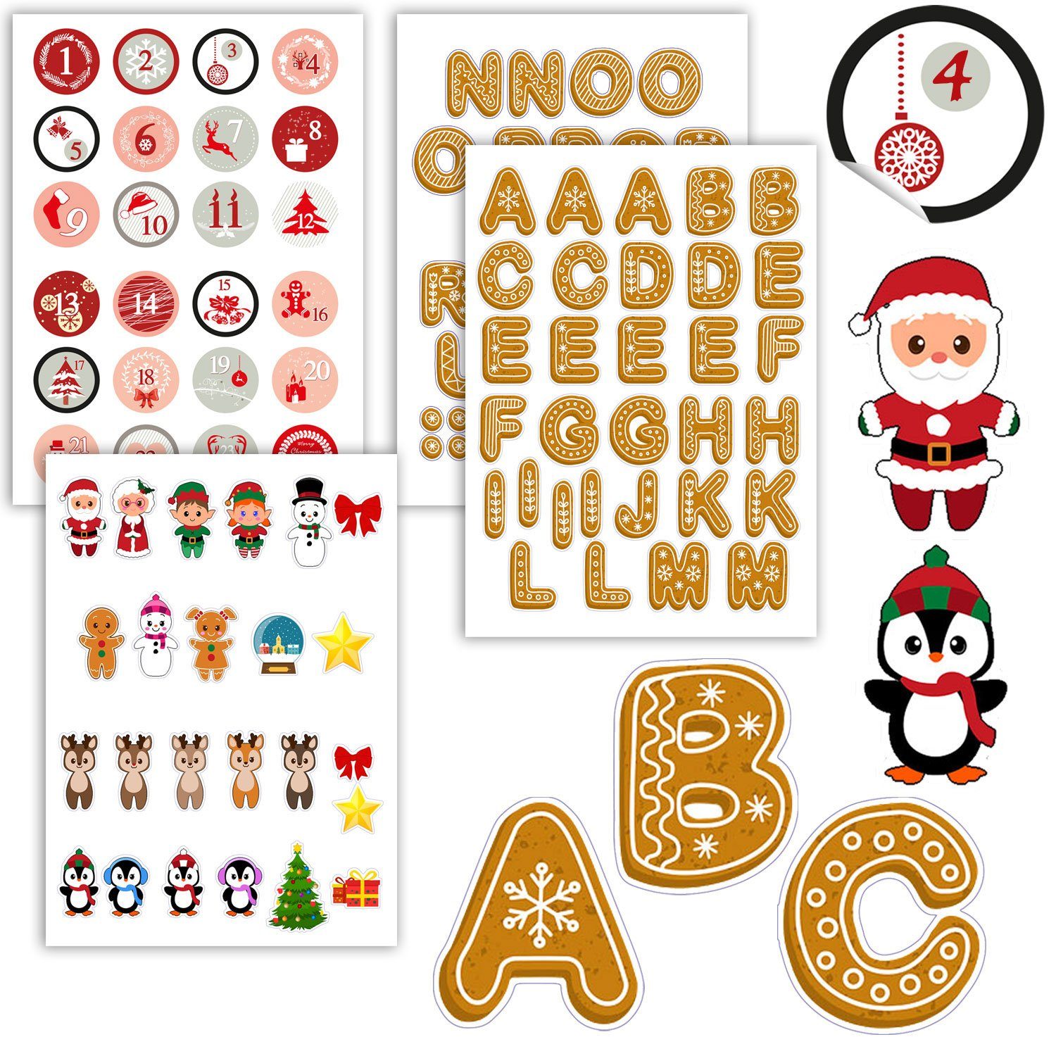 DuneDesign Календари zum Selbstbasteln Sticker Set Weihnachten mit Zahlen Buchstaben Motiven, Weihnachtsaufkleber zum Basteln Dekorieren und Gestalten