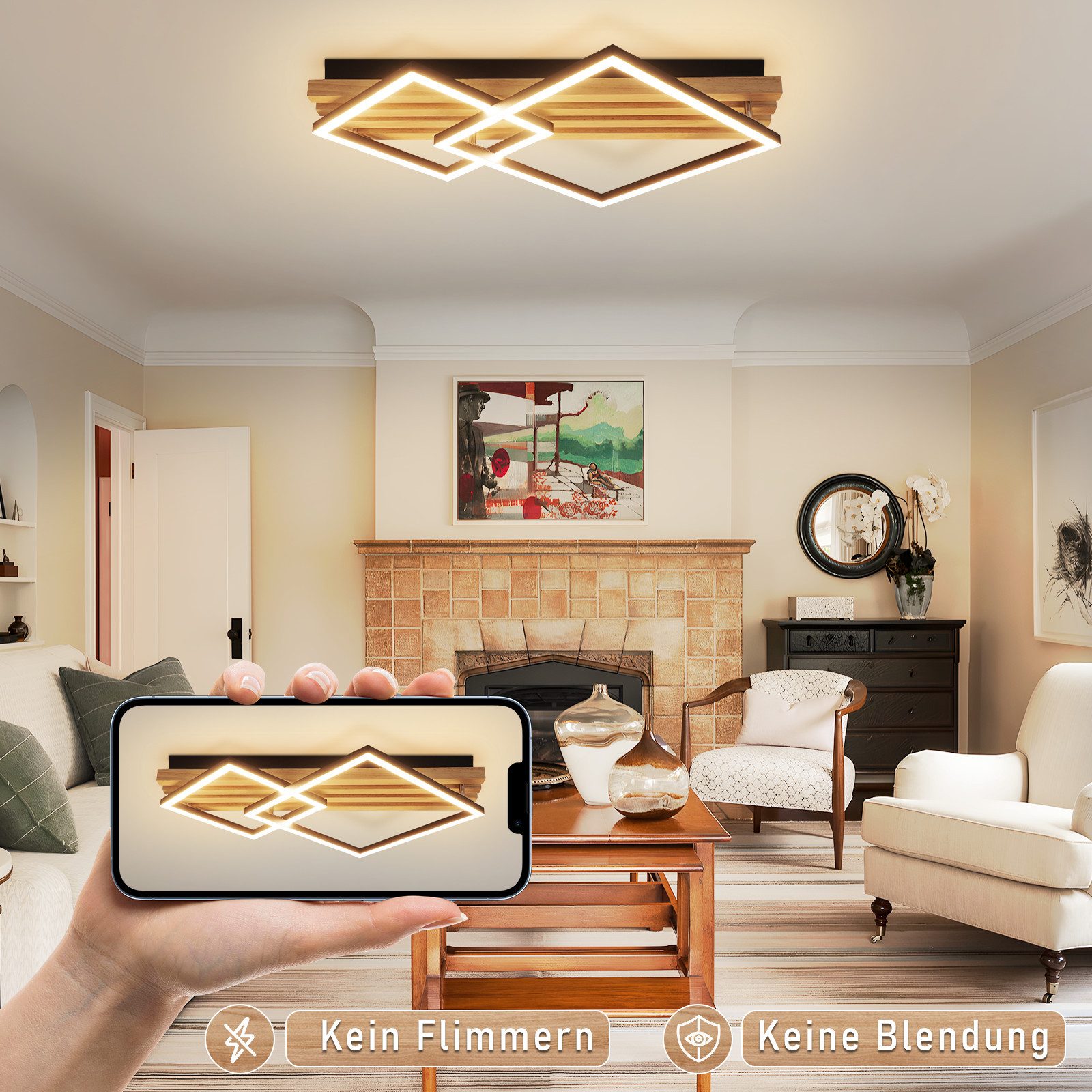 Nettlife LED Deckenleuchte Dimmbar Holz 2/3/4 Ringe Modern Deckenlampe Wohnzimmer, LED fest integriert, 36W 56.6*41.6*8.8CM für Schlafzimmer Büro Küche – Bild 3 von 5