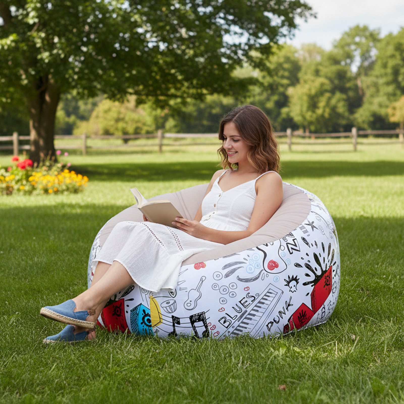 GARRYFIZH Sitzsack Intex-Style Sitzsack aufblasbar: Graffiti-Design, Beflockt, Outdoor, Ergonomisches Air-Sofa mit Soft-Touch Beflockung für In- & Outdoor
