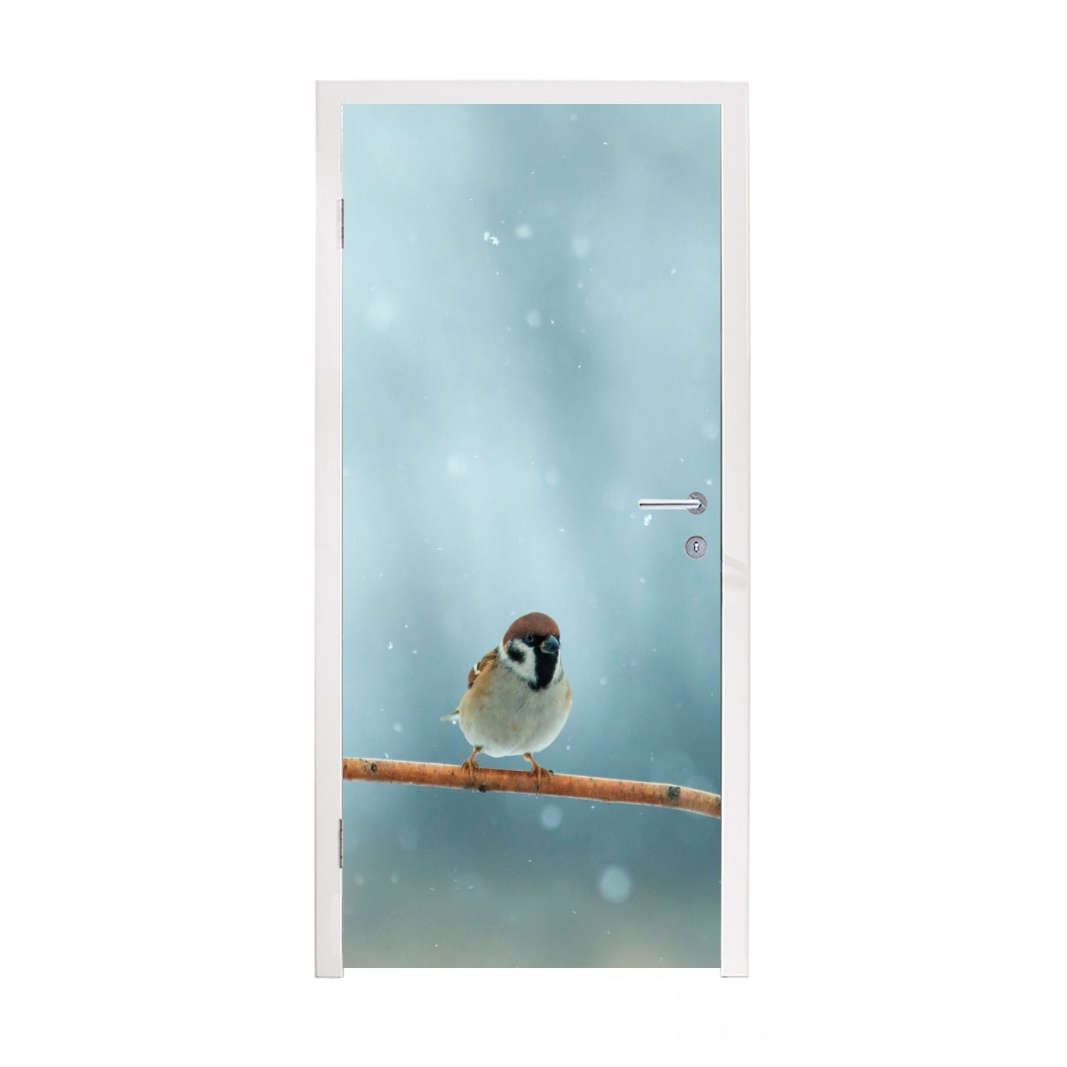 MuchoWow Türtapete Vögel - Spatz - Schnee - Winter, Matt, bedruckt, (1 St), Fototapete für Tür, Türaufkleber, 75x205 cm
