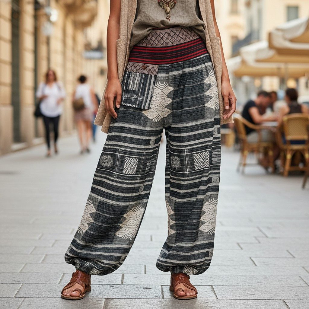 Guru-Shop Relaxhose Yogahose, Ikat Pluderhose mit breitem gewebtem.. Ethno Style, alternative Bekleidung