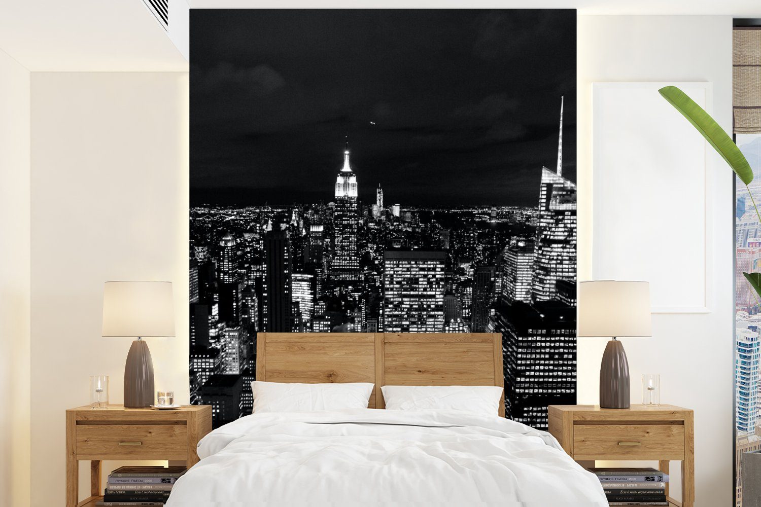 MuchoWow Fototapete Skyline - Schwarz - Weiß - New York - Amerika, Matt, bedruckt, (4 St), Montagefertig Vinyl Tapete für Wohnzimmer, Wandtapete