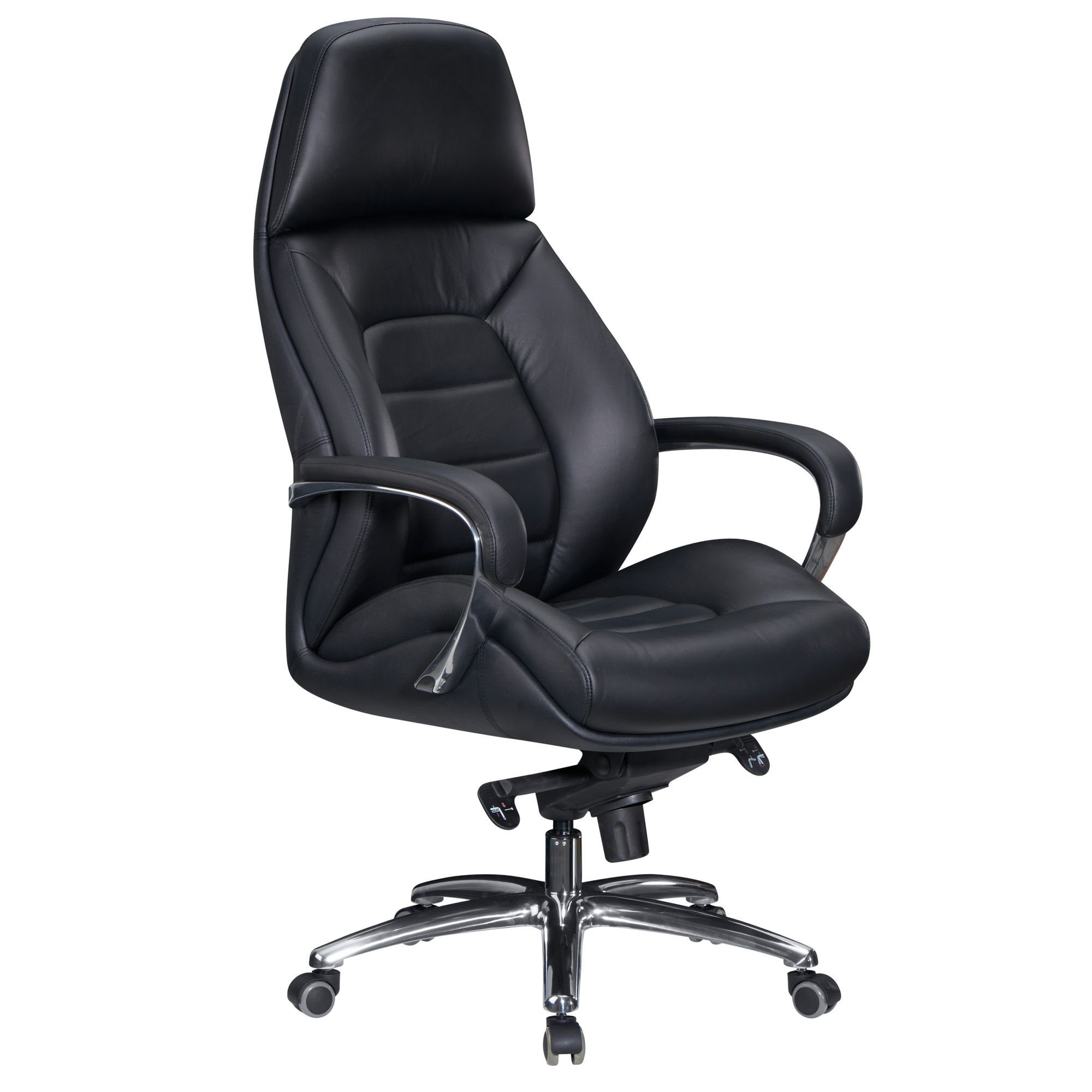 möbelando Bürostuhl Designer Bürostuhl Bezug Echtleder Schwarz Schreib, Designer Bürostuhl Bezug Echtleder Schwarz Schreibtischstuhl bis 120 kg, XXL Design Chefsessel höhenverstellbar, Drehstuhl ergonomisch mit Armlehnen & hoher Rückenlehne, Wippfunktion