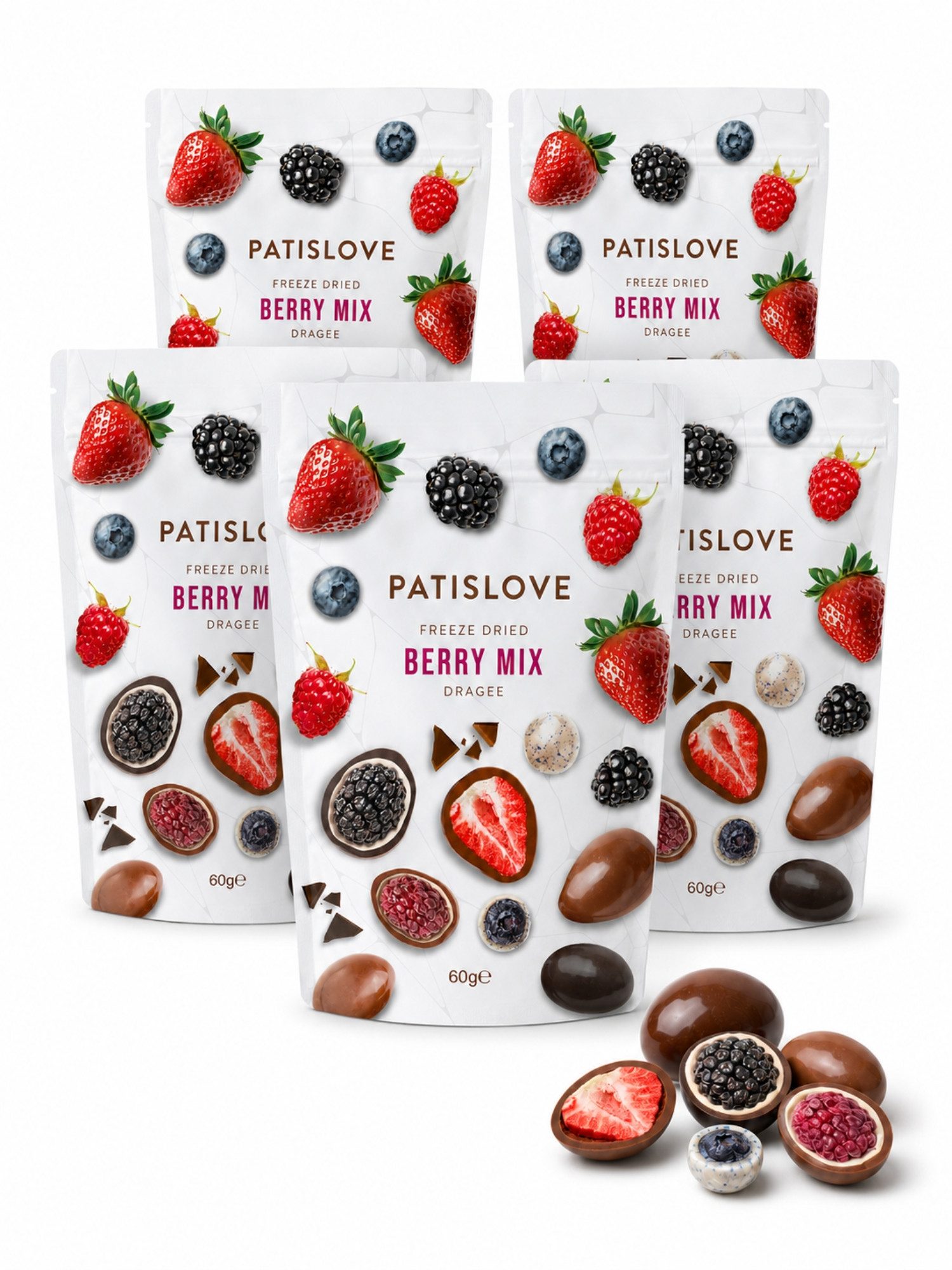 PATISLOVE Schokolade Patislove Berry Mix Dragees, Beeren-Mix in 3 Schokoladensorten, 60g, Gefriergetrocknete Beerenmischung, Überzug aus 3 Schokoladensorten