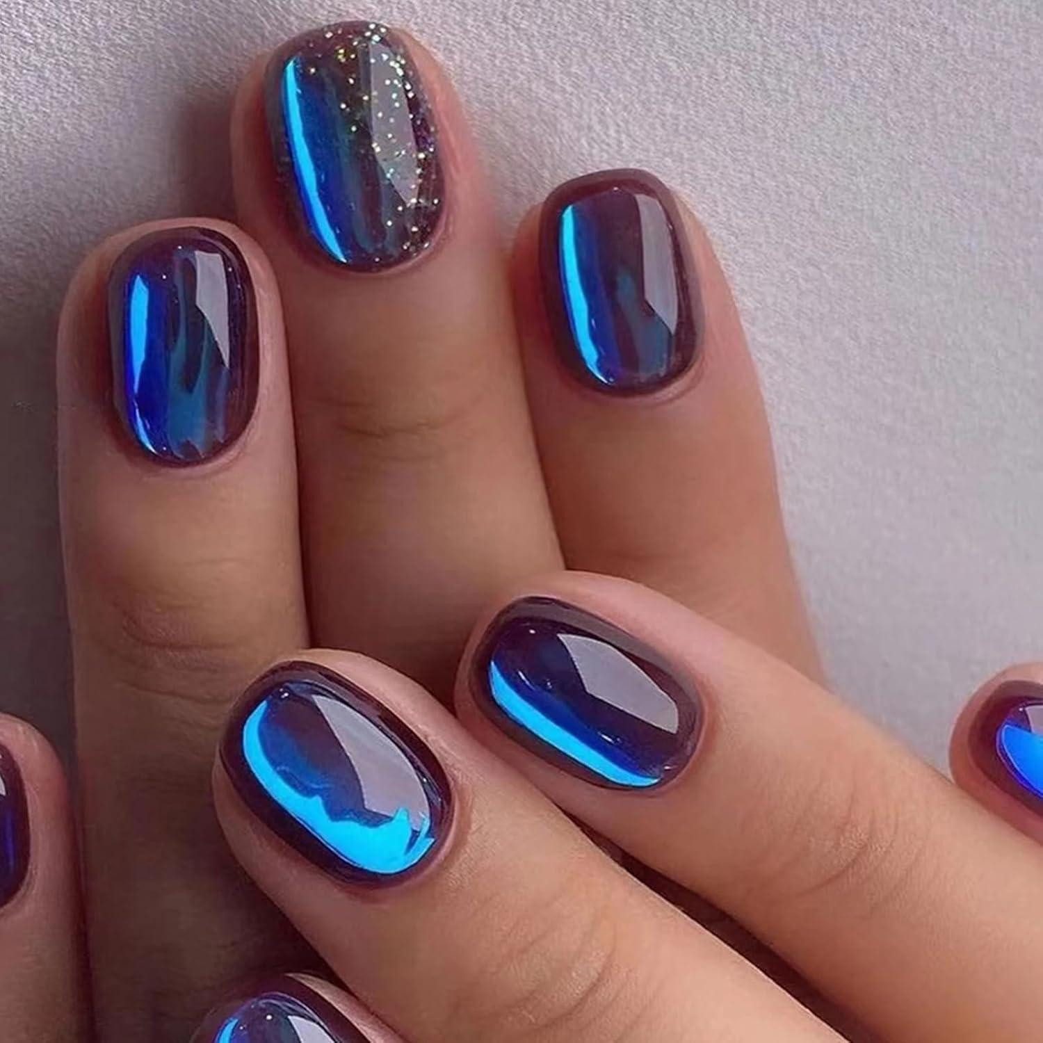 LuxusKollektion Kunstfingernägel 24 Stück Blau Glänzende Falsche Nägel zum Aufkleben, Kurz