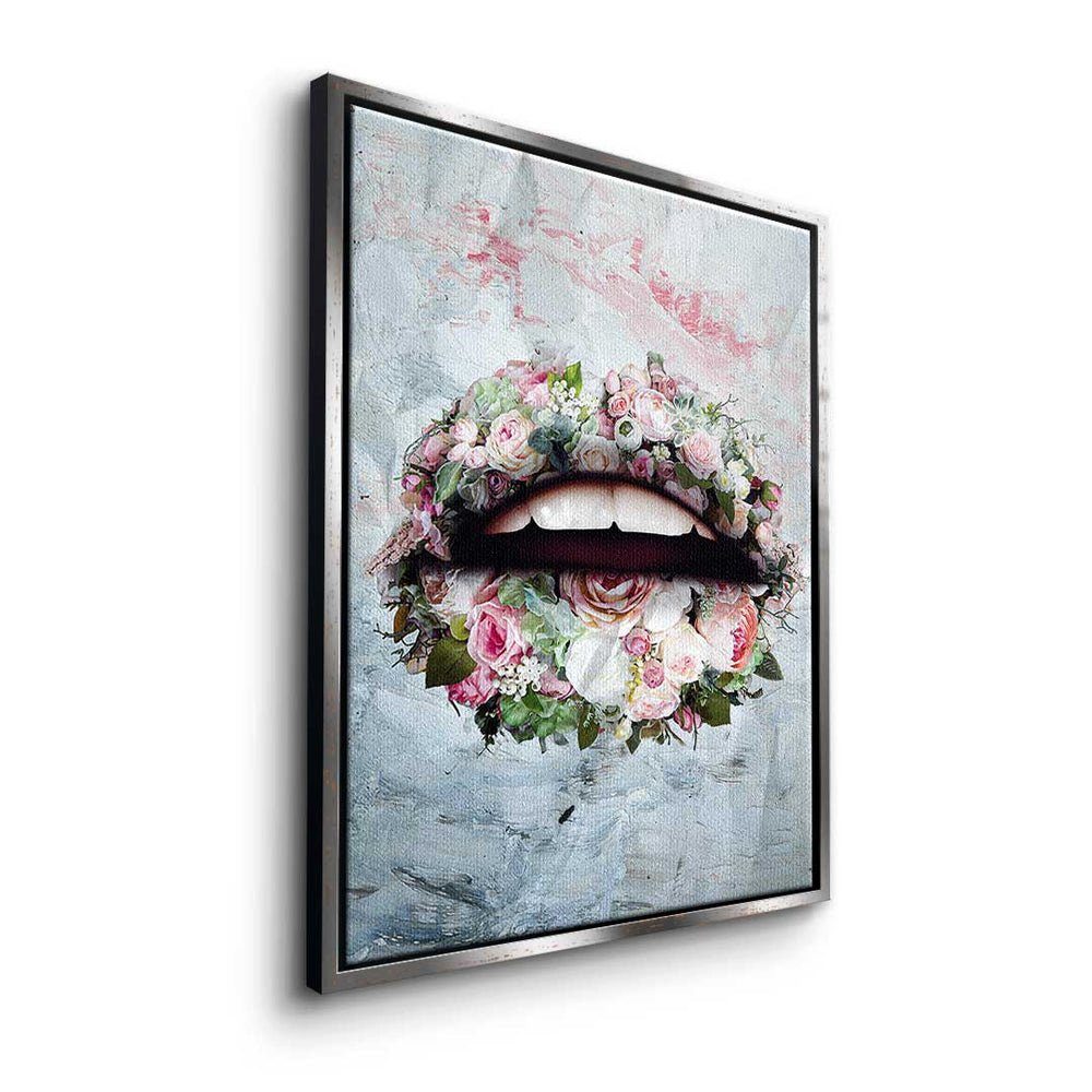 Art - Premium Flowers modernes goldener Leinwandbild & - Wandbild Pop Rahmen - DOTCOMCANVAS® Lips Leinwandbild,