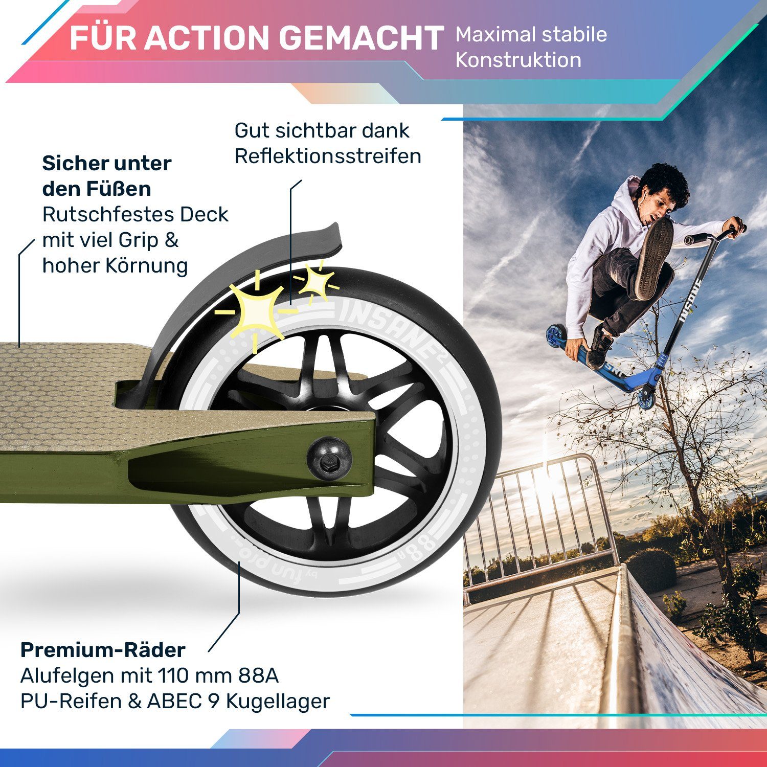 fun pro Cityroller Insane 2, Stunt Kinderroller Erwachsene Tretroller Kinder Scooter Kick Roller