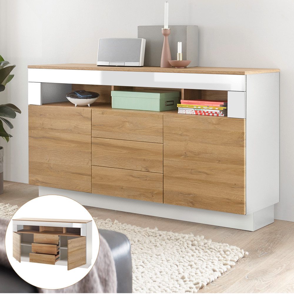 Lomadox Highboard CHUR-61, in Hochglanz weiß mit Grandson Oak Eiche hell Dekor, : 149/85/43cm