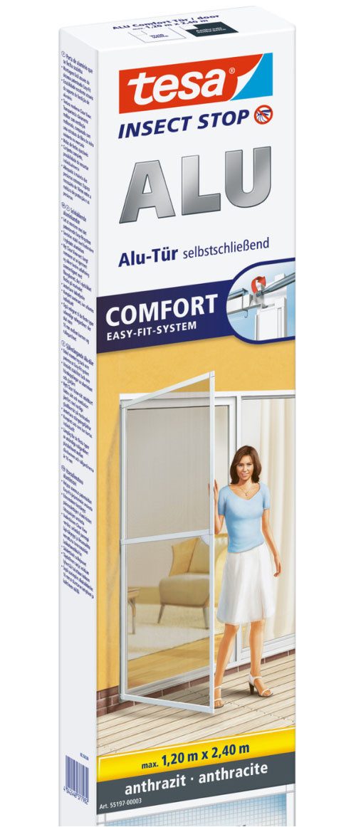 tesa Insektenschutz-Tür Aluminium Rahmen Fliegengitter für Türen XL & Clear View - 120x240cm, (Packung, 1-St., Fliegennetz, Aluminiumrahmen), einfache Montage