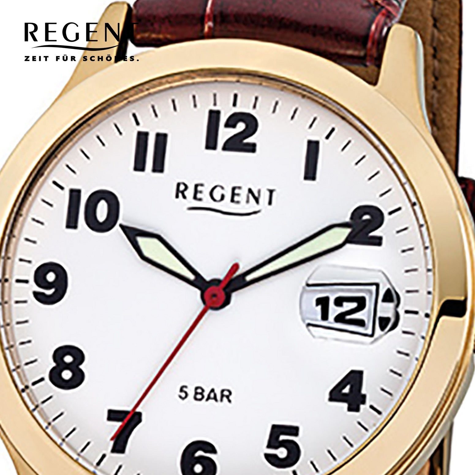 Armbanduhr 39mm), F-789, Lederarmband mittel Herren-Armbanduhr Regent rund, Quarzuhr Regent Herren Analog (ca. braun