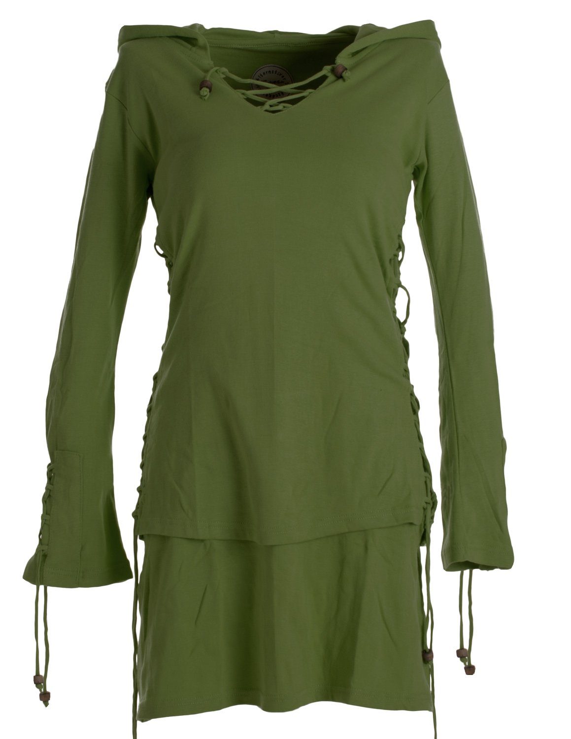 Vishes Zipfelkleid Warmes Doppellagiges Kleid mit Zipfelkapuze und Bändern zum Schnüren Boho, Elfen, Ethno, Goa Style olivegrün