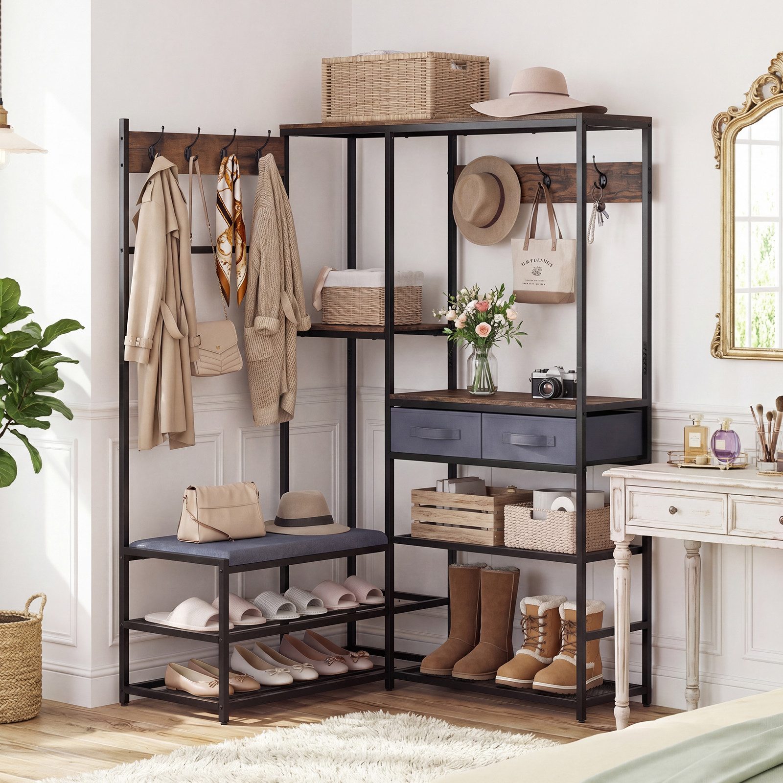 COSTWAY Kleiderständer, Eck Garderobenständer für Wohnzimmer, 7 Haken