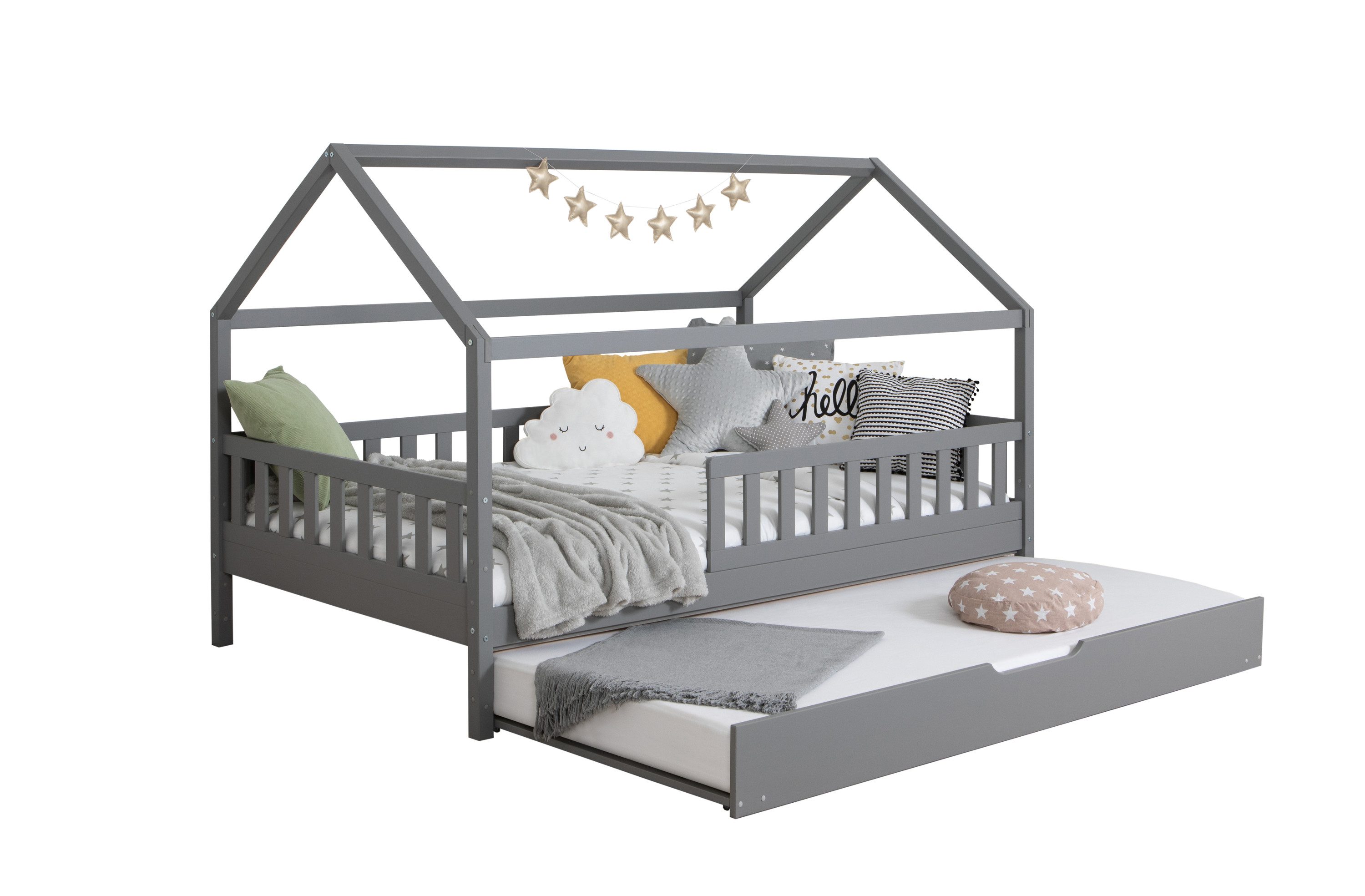 Ticaa Hausbett Kay mit Rausfallschutz und Zusatzbett aus Kiefer, Kinderbett günstig online kaufen