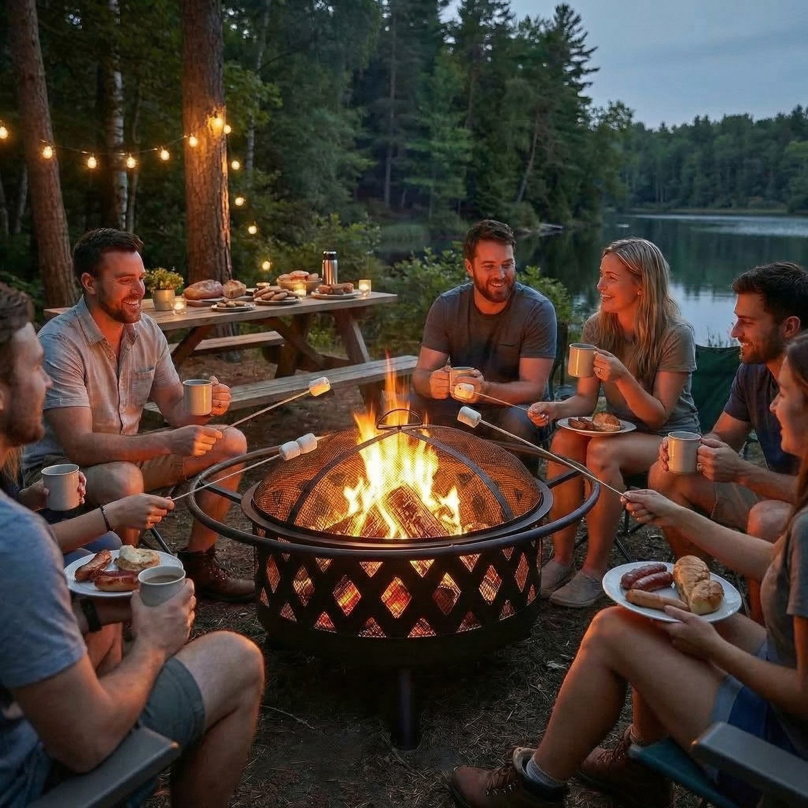 TLGREEN Feuerschale 76cm/80cm BBQ Feuerkorb Garten mit Grillrost, (2-in-1 Feuerschale Outdoor aus Stahl, Inkl. Funkenschutz & Zubehör), Tragbar für Camping, Terrasse, Gartenparty & Lagerfeuer