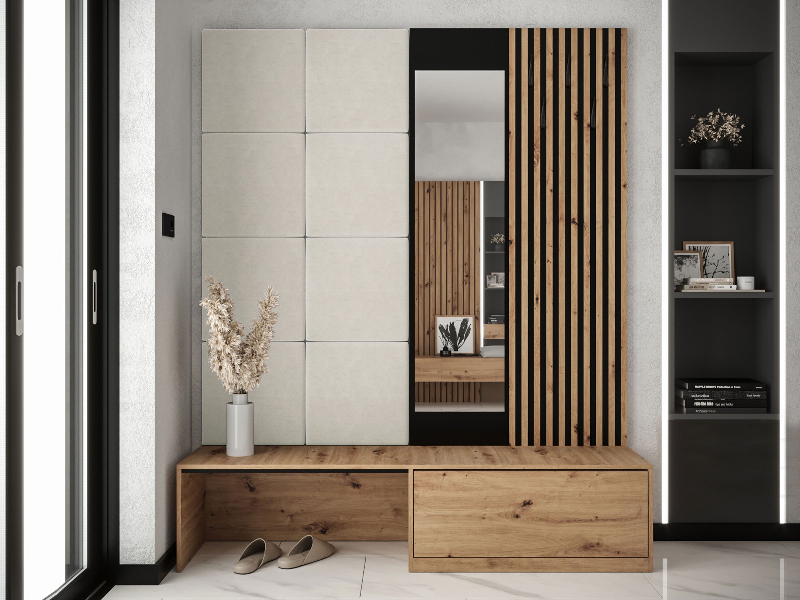 MIRJAN24 Garderoben-Set Premium, (Komplett-Set, Schuhschrank, Spiegel, Lamellen mit Kleiderhaken + Paneel 42x42), Griffloses Öffnungssystem