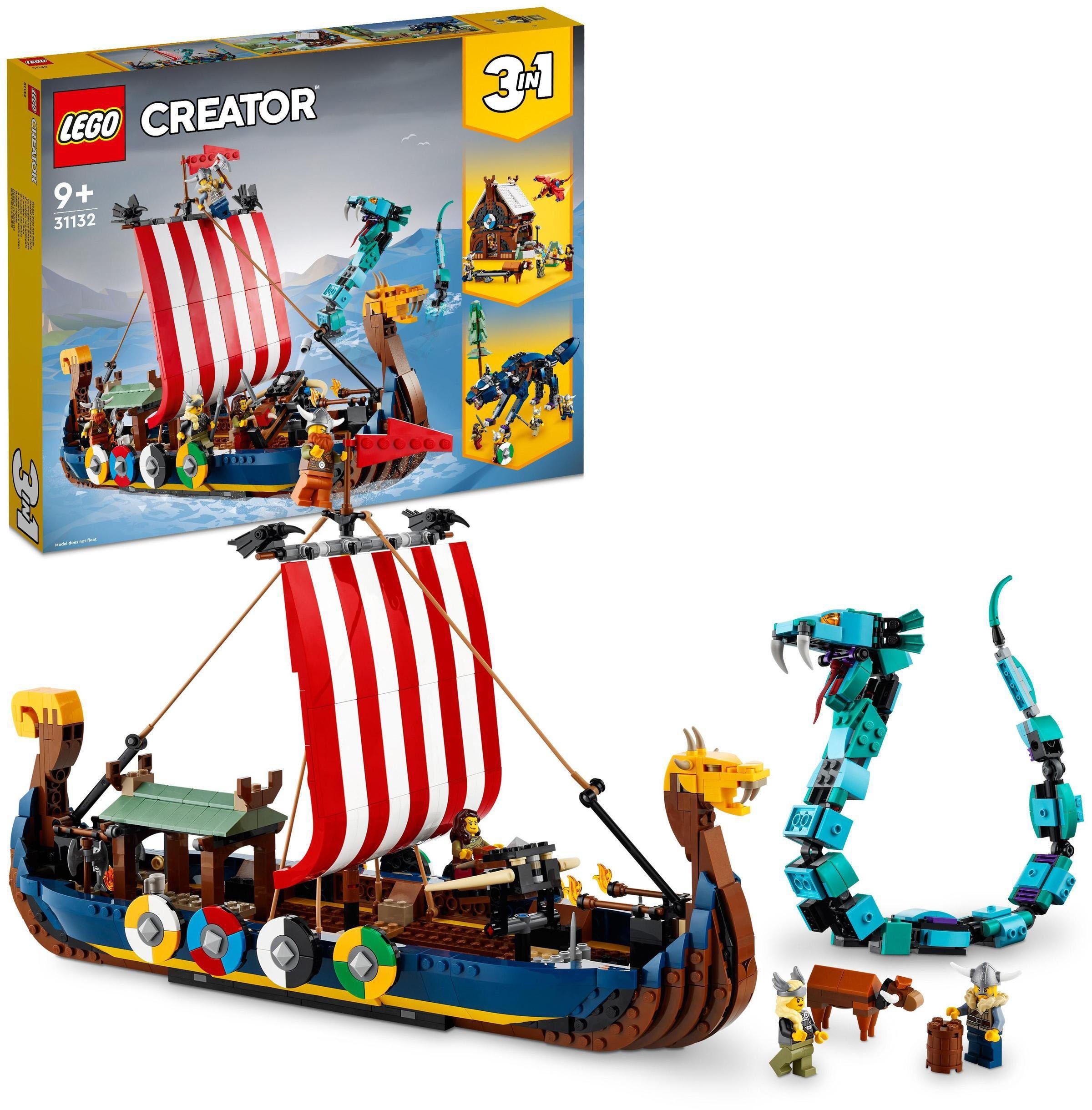 LEGO® Konstruktionsspielsteine Wikingerschiff mit Midgardschlange (31132), LEGO® Creator 3in1, (1192 St), Made in Europe