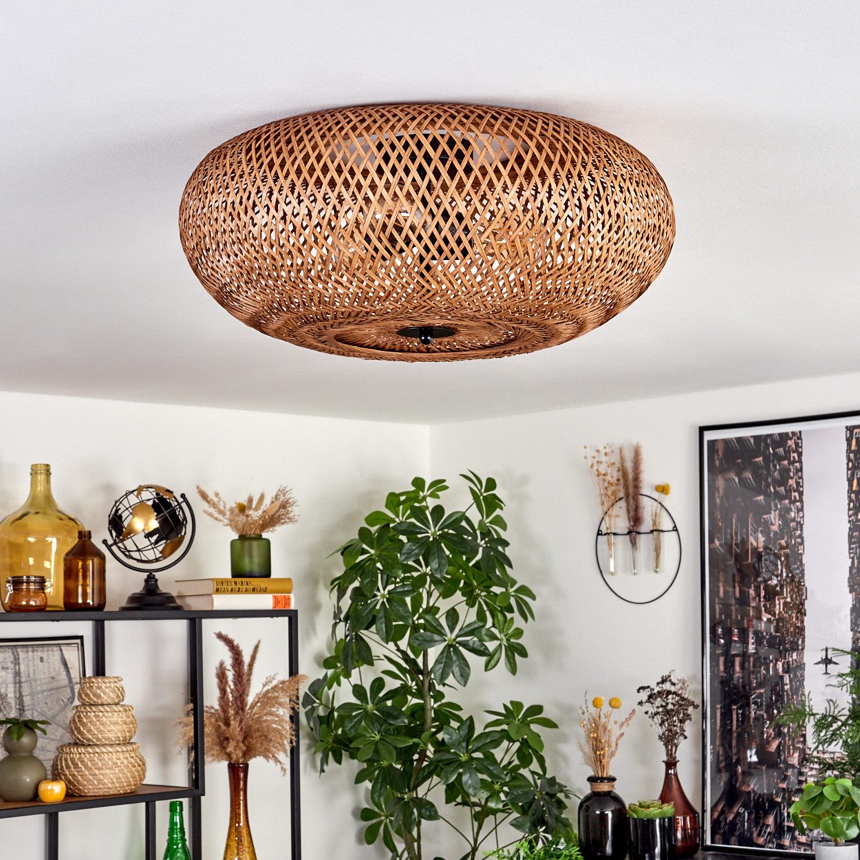 hofstein Deckenleuchte moderne Deckenlampe aus Metall/Bambus/Holz in Schwarz/Natur, ohne Leuchtmittel, Boho-Design Deckenleuchte,Lichteffekt, Ø50cm, 3xE27, ohne Leuchtmittel