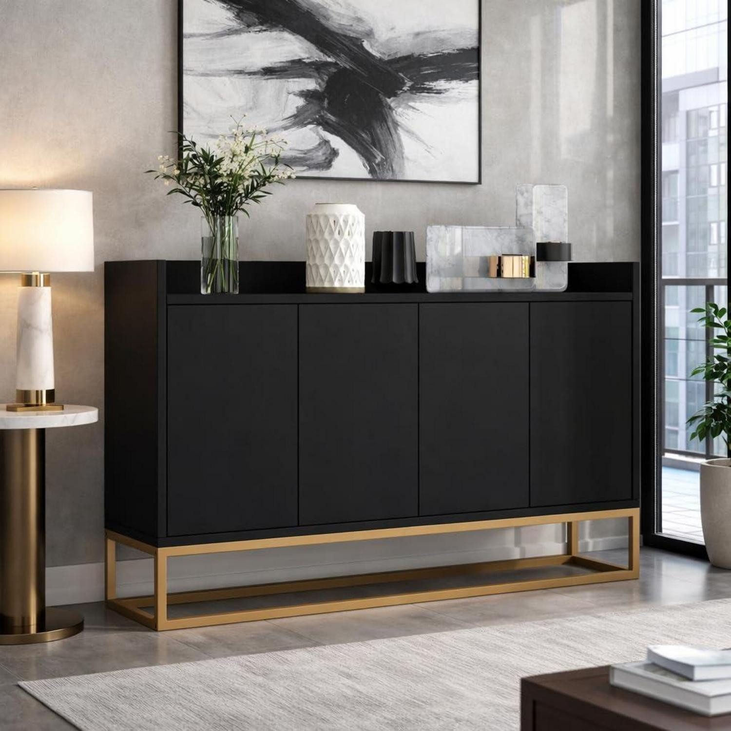 LuxusKollektion Sideboard Sideboard schmal grifflos verstellbare Regale 120x30x80cm Schwarz (1 St)