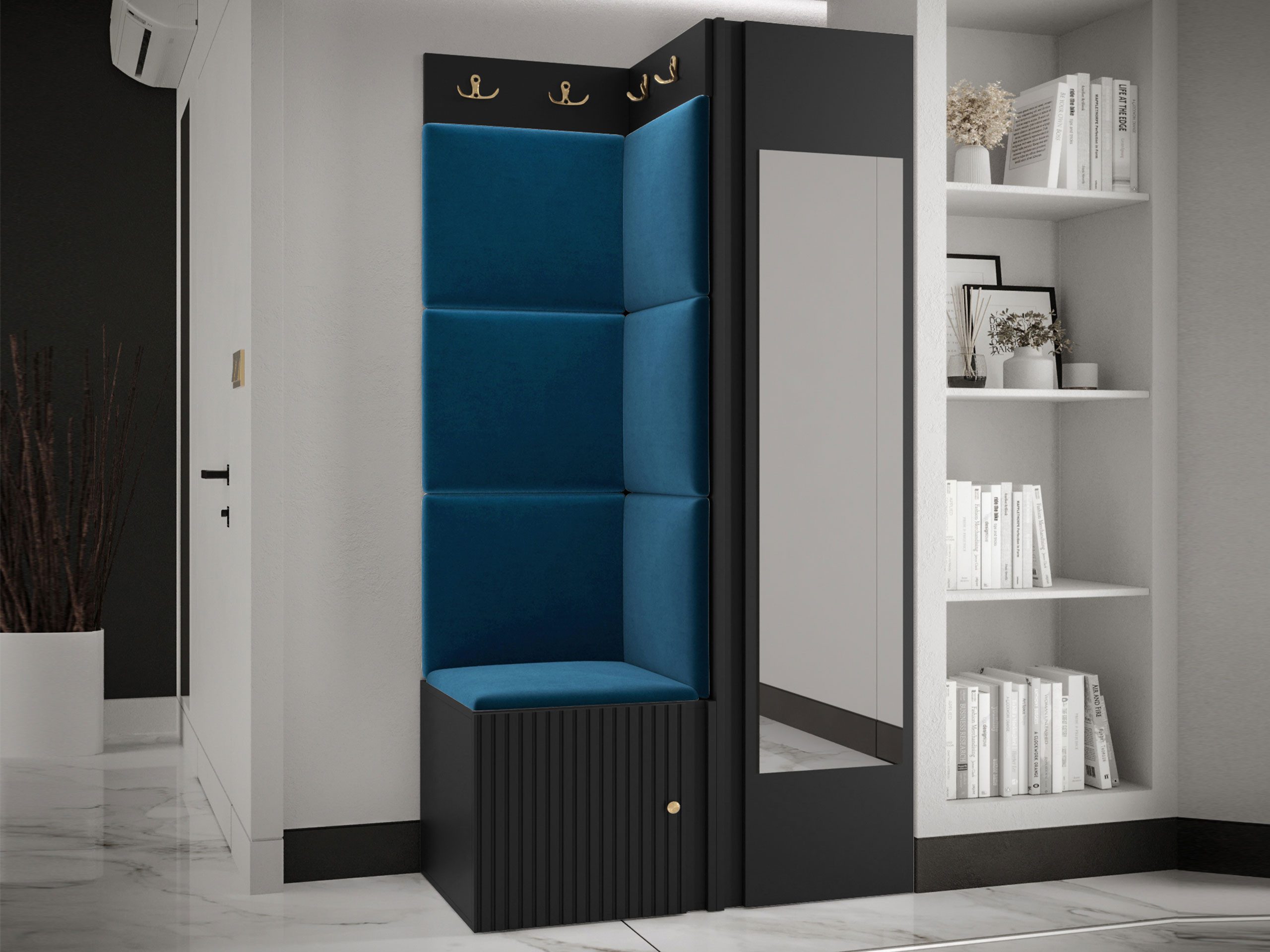 MIRJAN24 Garderoben-Set Orion Ryfel Slim XXVI, (Kleiderschrank, Schuhschrank, Kleiderhakenbrett, 7x Paneel 42x42), Spiegel, 6 Kleiderhaken für Kleidung, Metallgriffe