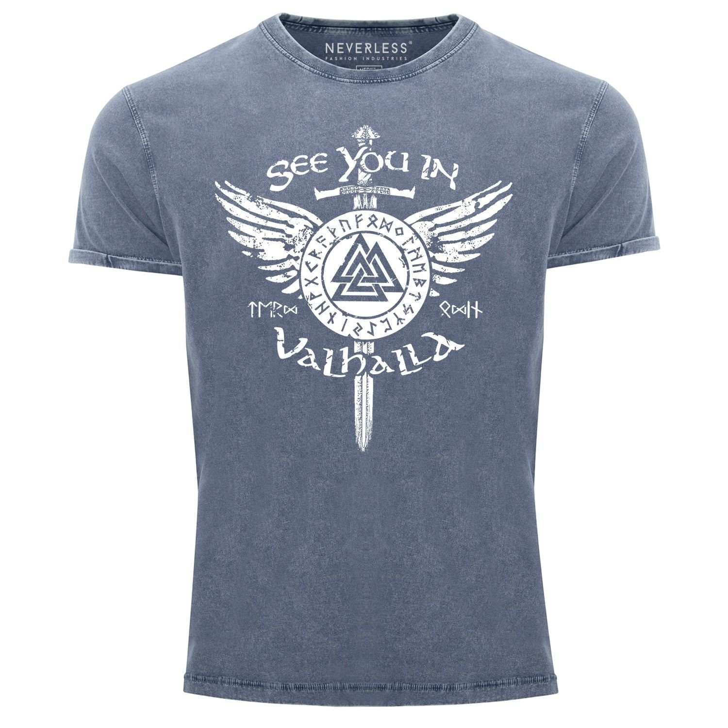 Neverless Print-Shirt Herren Printshirt Vikings Runen Vintage Print you Aufdruck Schwert See blau Neverless® Valhalla Shirt T-Shirt Odin in mit