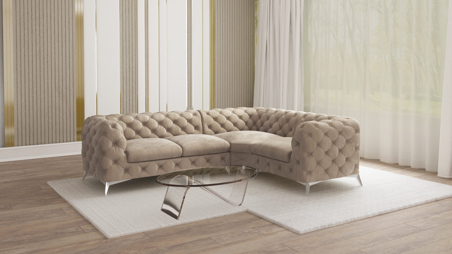 S-Style Möbel Ecksofa Kalina, Chesterfield mit silbernen Metall Füßen, mit Wellenfederung