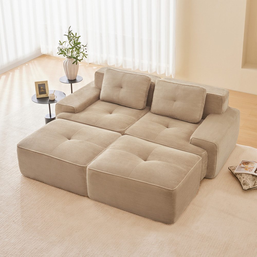 BBWL Sofa mit Ottoman, Boneless 2-Sitzer Cloud Sofa mit Tiefsitz, Cloud Modulsofa U-Form aus Cordstoff