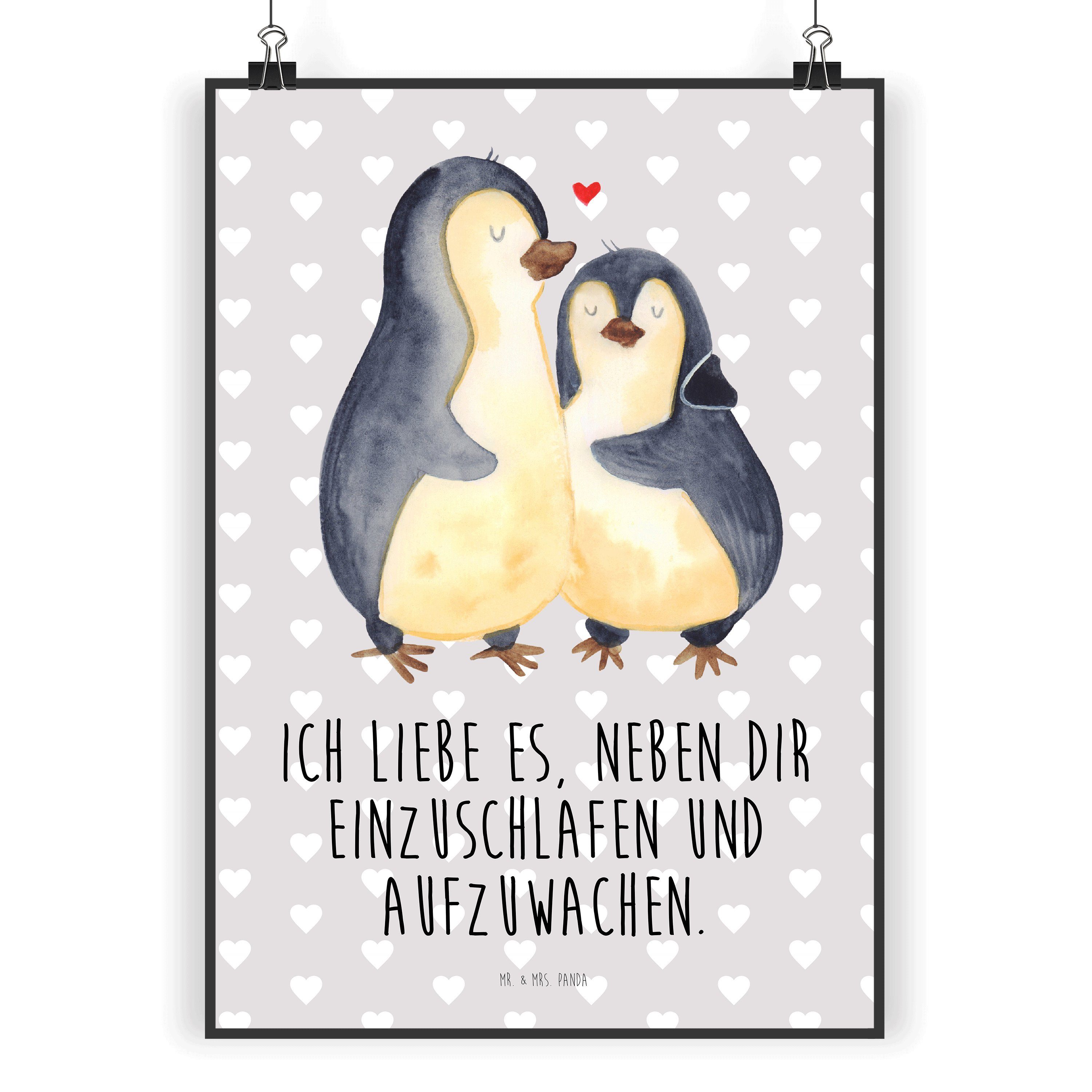 Mr. & Mrs. Panda Poster DIN A5 Pinguine Einschlafen - Grau Pastell