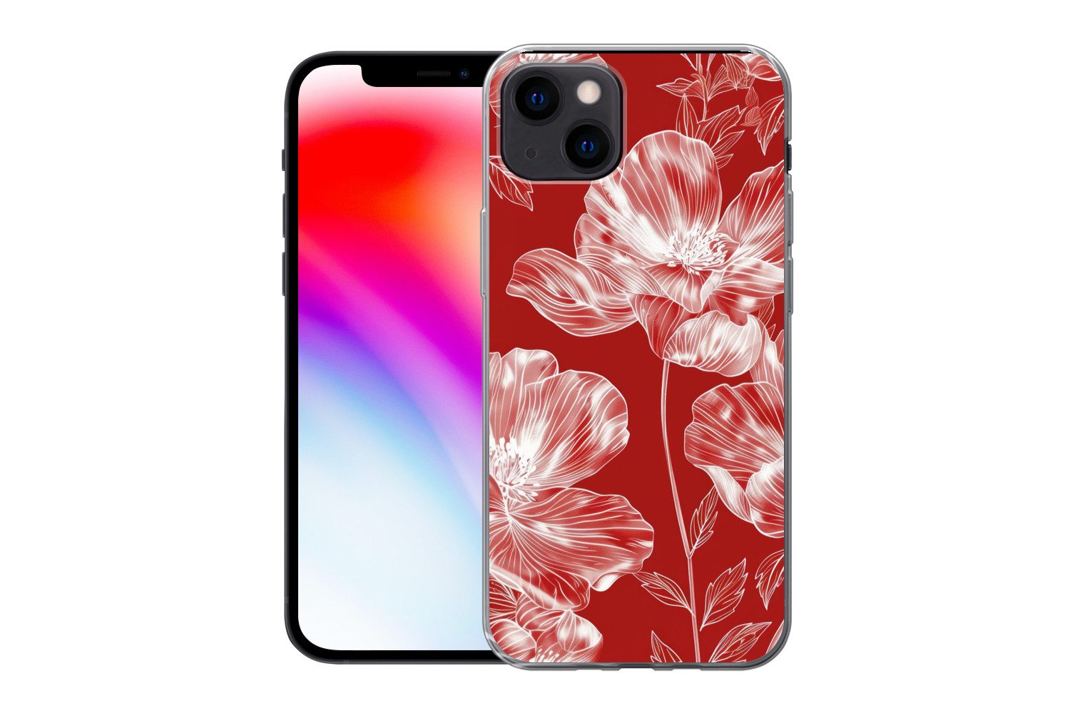 MuchoWow Handyhülle für Apple iPhone 13 Blumen - Muster - Rot - Weiß, Smartphone-Bumper, Print, Handy Schutzhülle Dünn