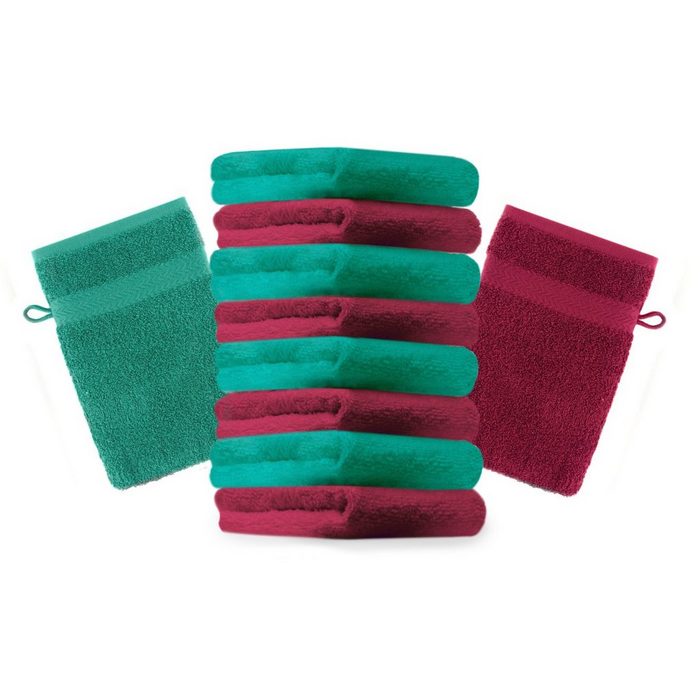 Betz Waschhandschuh 10 Stück Waschhandschuhe Premium 100% Baumwolle Waschlappen Set 16x21 cm Farbe dunkelrot und smaragdgrün (10-tlg)