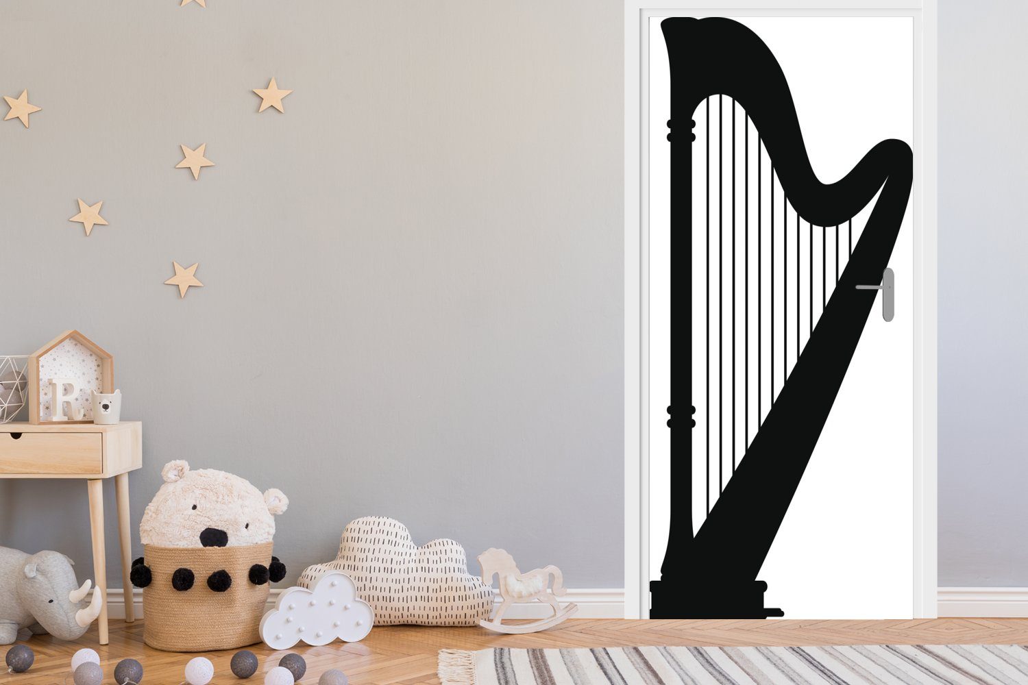 MuchoWow Türtapete Schwarze Illustration Harfe, und Matt, Türaufkleber, 75x205 Tür, (1 cm für Silhouette einer der St), Fototapete bedruckt, weiße