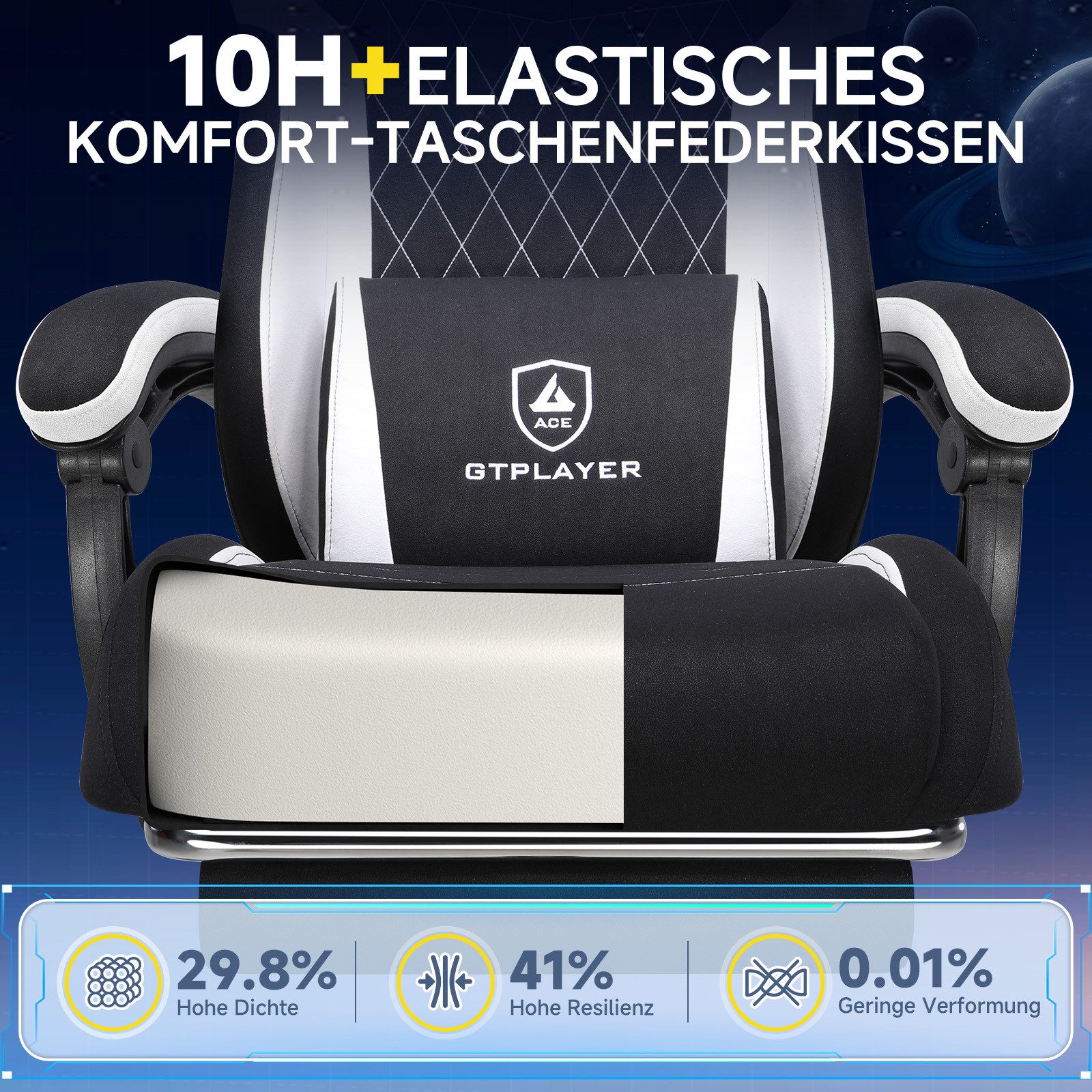 GTPLAYER Gaming-Stuhl Ergonomischer Gaming Sessel Schreibtischstuhl aus Stoff/Kunstleder (Pacekung), Federsitzkissen mit Fußstütze