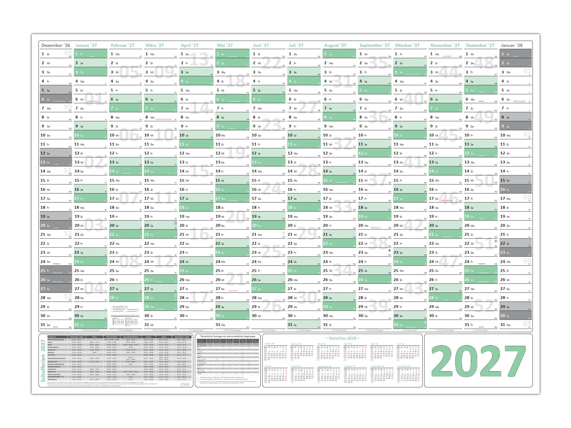 LYSCO Wandkalender Green Wandplaner DIN A0 / DIN A1 2027, Formate: DIN A0 (841 x 1189 mm) / DIN A1 (594 x 841 mm) Darstellung 14 Monate mit Jahresvorschau Folgejahr, und Ferientermine / Feiertage aller Bundesländer