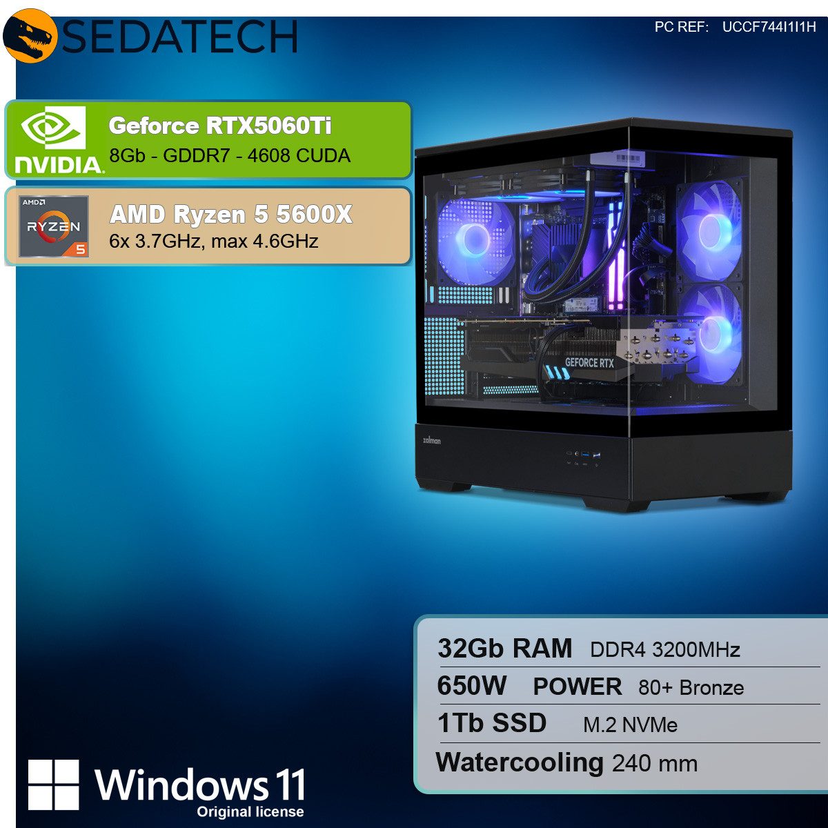 Sedatech UCCF744I1I1HF - Watercooling Gaming-PC (AMD Ryzen 5 5600X 6x 3.7GHz (max 4.6GHz), Geforce RTX5060Ti 8GB, 32 GB RAM, 1000 GB SSD, Watercooling, Wlan 4)