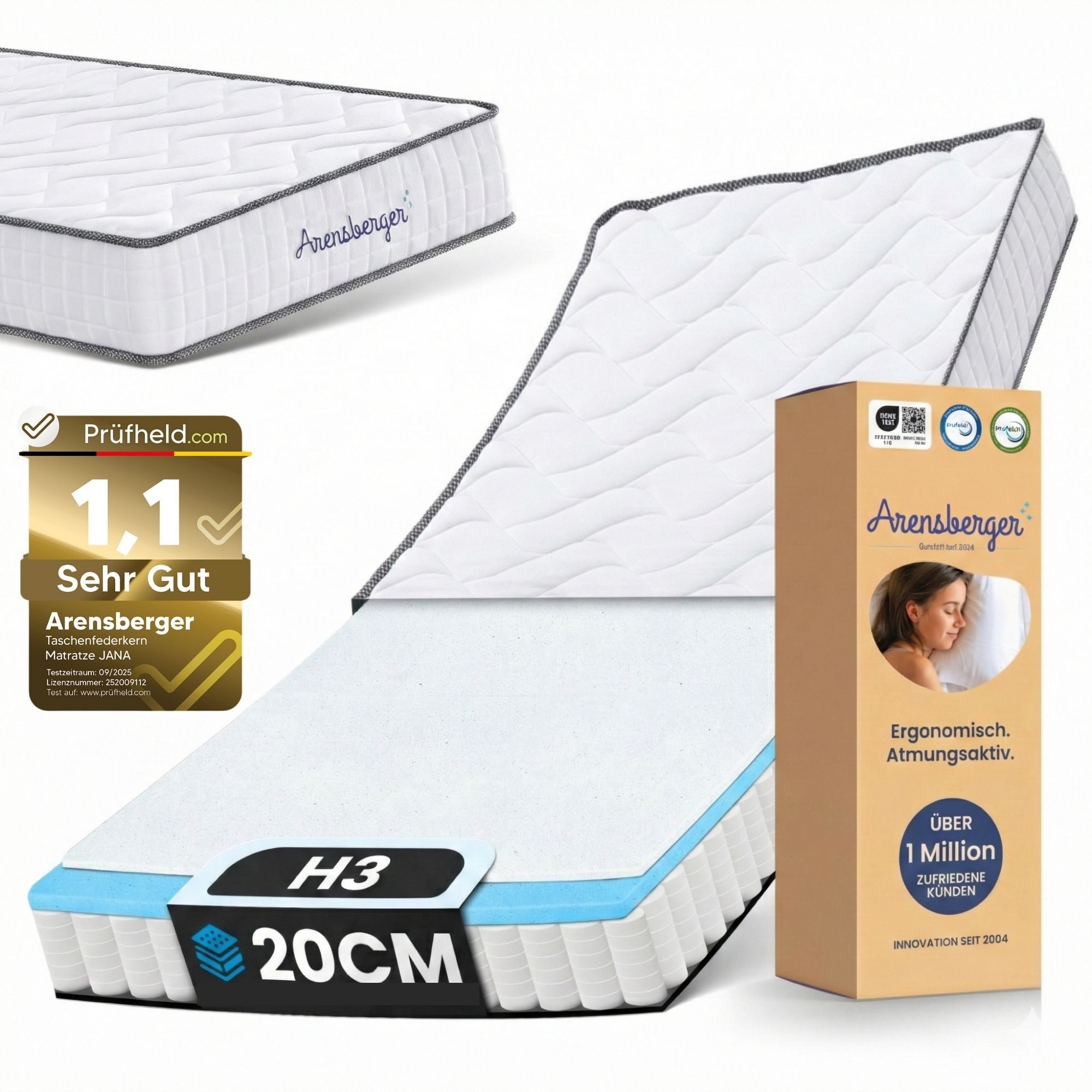 Taschenfederkernmatratze JANA Federkernmatratze - 20cm Höhe - Matratze mit Schaumstoff Schicht, Arensberger, 20 cm hoch, (90x200cm), H3 Mittelfest – 7 Zonen - Federkern - Liegekomfort