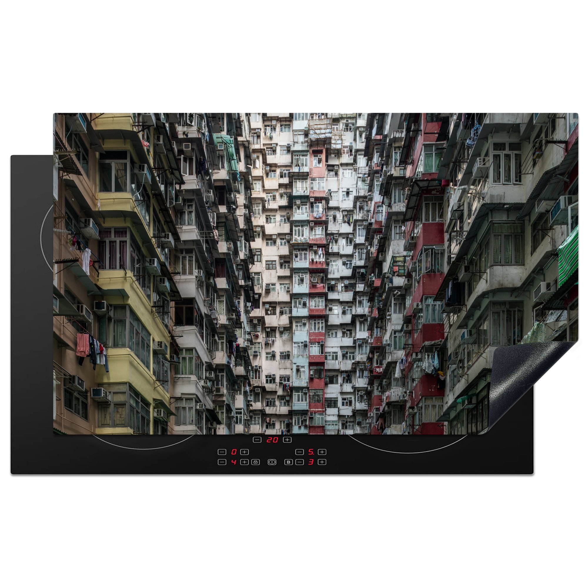 MuchoWow Herdblende-/Abdeckplatte Verlassene Wohngebäude in Hongkong, Vinyl, (1 tlg), 83x51 cm, Ceranfeldabdeckung, Arbeitsplatte für küche