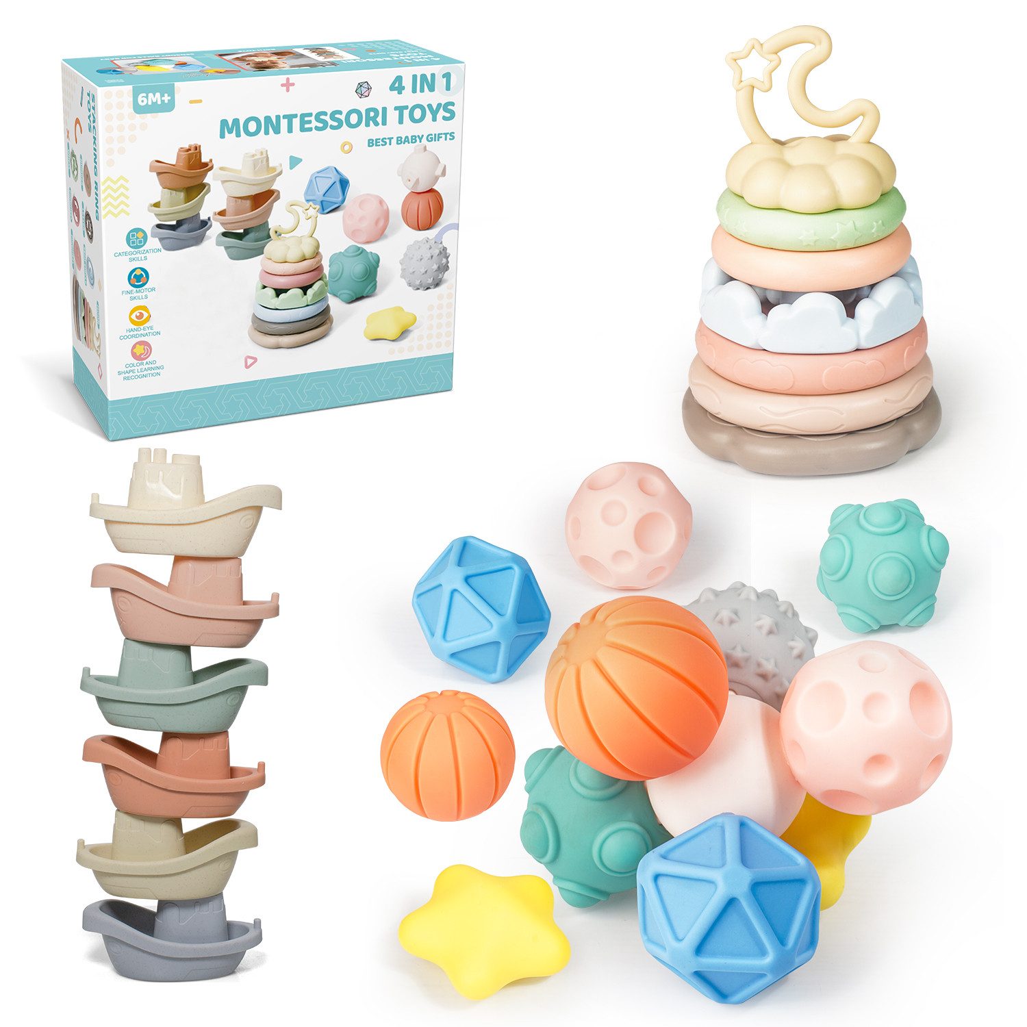 Greifspielzeug Baby Spielzeug, 4 in 1 Montessori Spielzeug baby