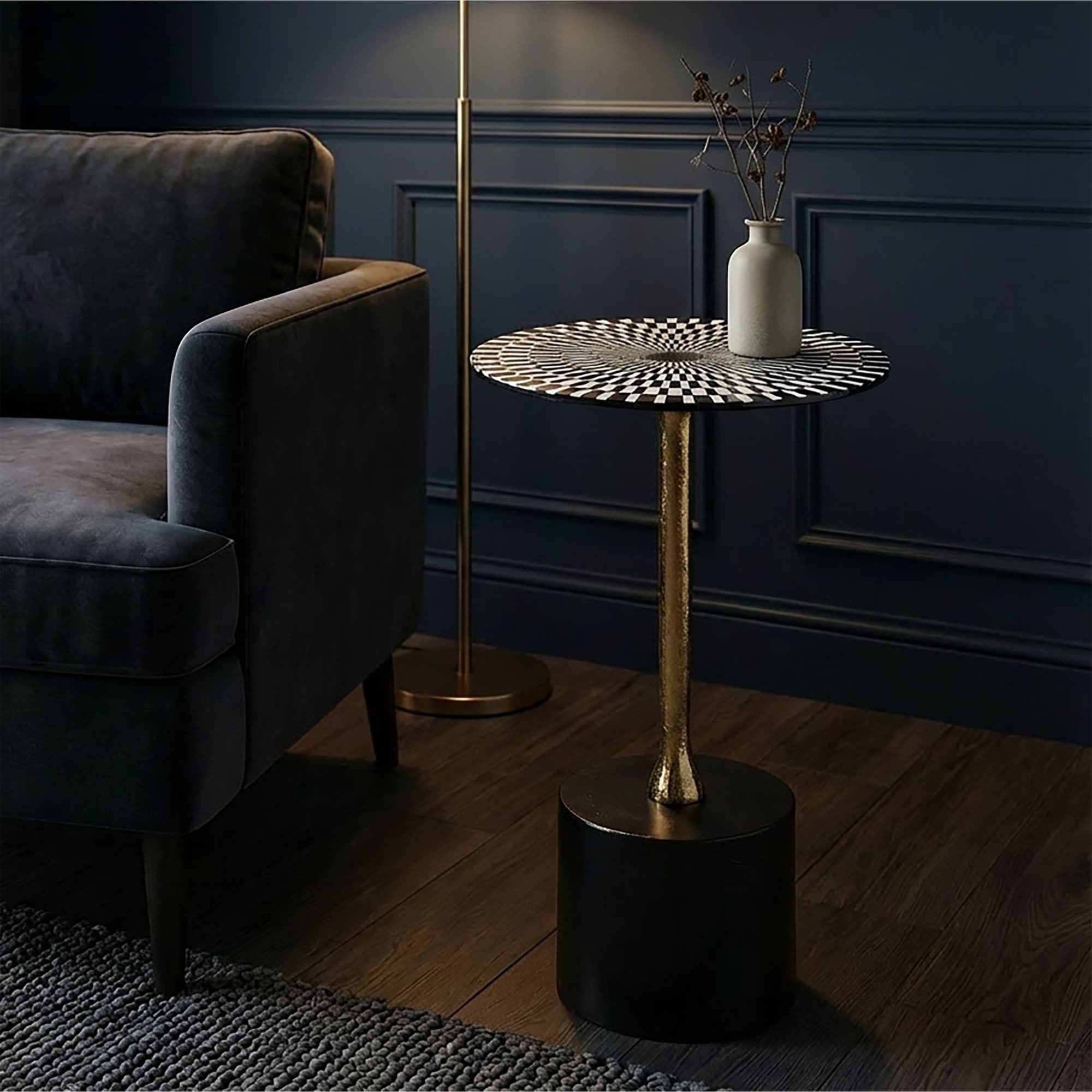 FINEBUY Beistelltisch FB113683 Anstelltisch Metall Abstelltisch Wohnzimmertisch Rund Muster (Dekorativer Tisch für moderne Wohnräume), Op-Art-Muster Tischplatte mit starkem Design