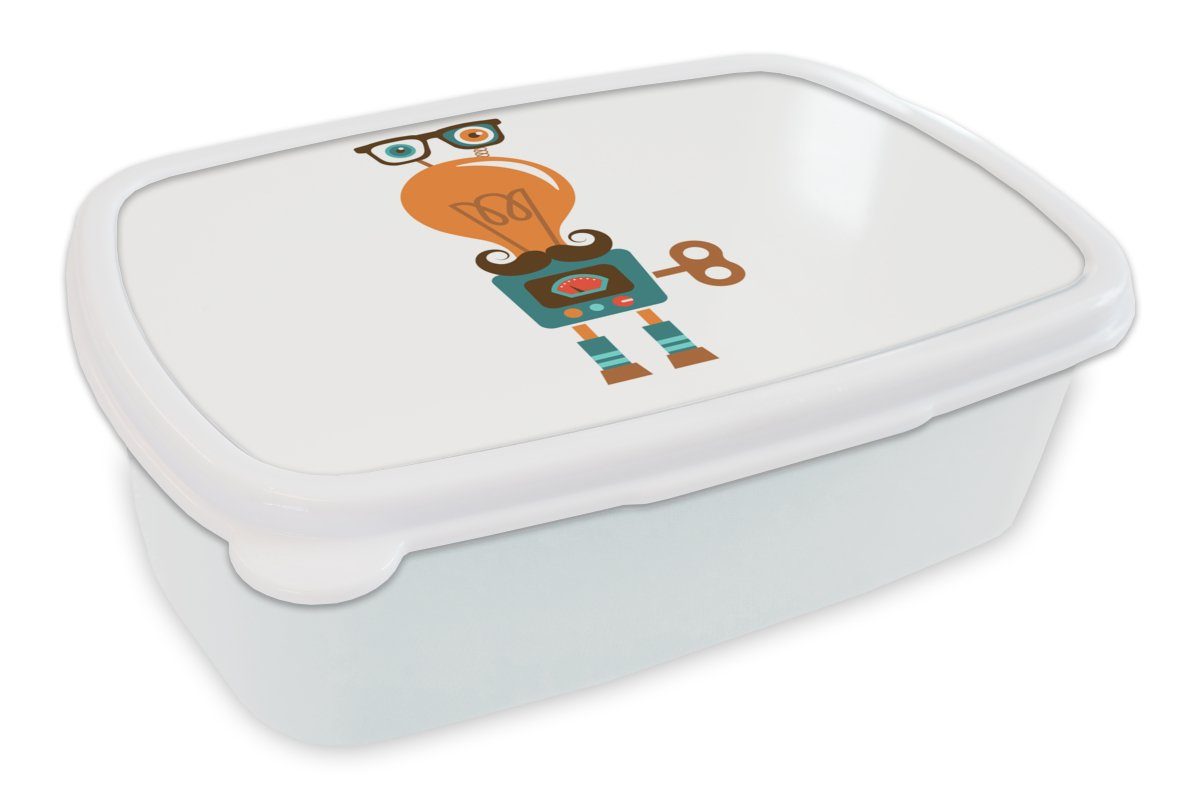 MuchoWow Lunchbox Roboter - Brille - Schnauzbart - Kinder - Jungen, Kunststoff, (2-tlg), Brotbox für Kinder und Erwachsene, Brotdose, für Jungs und Mädchen weiß