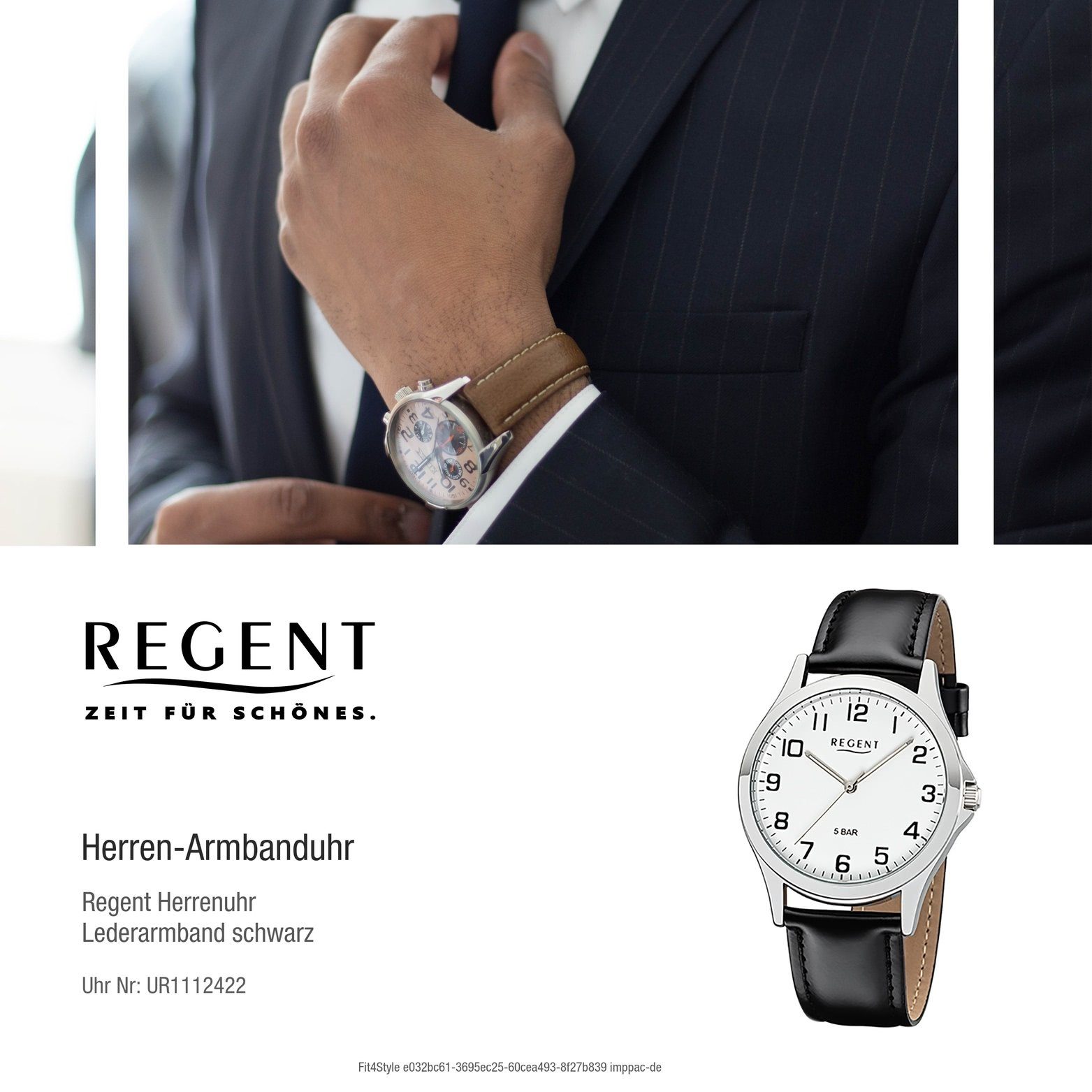 Regent Quarzuhr Regent Leder Herren Uhr 1112422 Analog, Herrenuhr  Lederarmband schwarz, rundes Gehäuse, mittel (ca. 39mm) | Quarzuhren