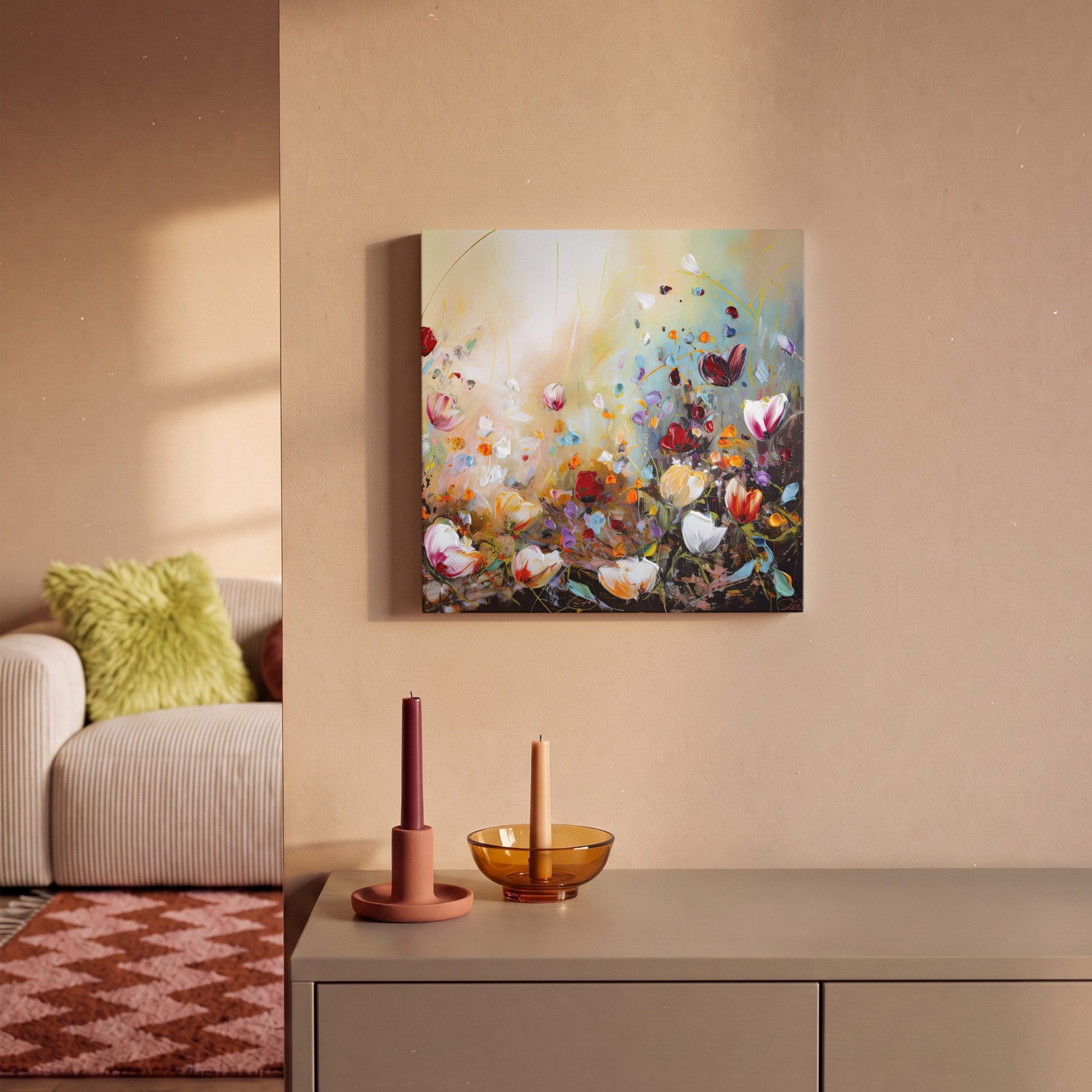 OneMillionCanvasses® Leinwandbild Ölfarben - Blumen - Farbenfroh - Natur, Fotodruck (1 St), Leinwand Bilder Klein, Wand Dekoration Aesthetic 30x20 cm – Bild 2 von 5