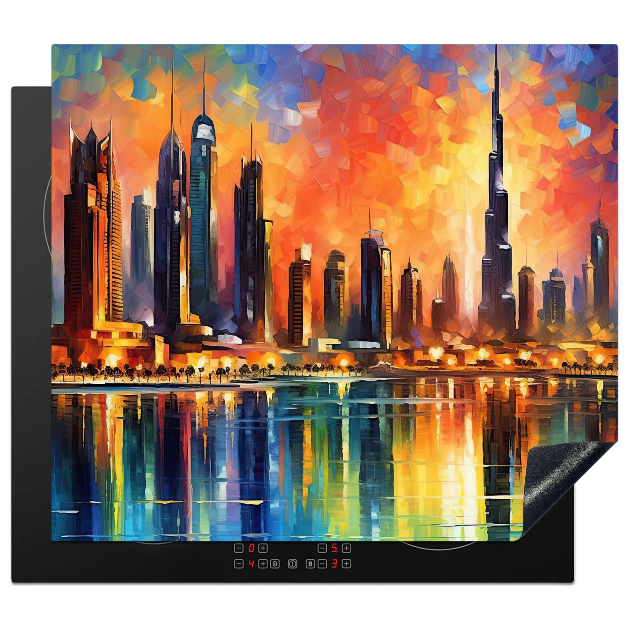 60x52 - Vinyl, Ceranfeldabdeckung nutzbar, Weltstadt cm, MuchoWow Herdblende-/Abdeckplatte Sonnenuntergang tlg), (1 - Architektur, - Dubai Mobile Arbeitsfläche