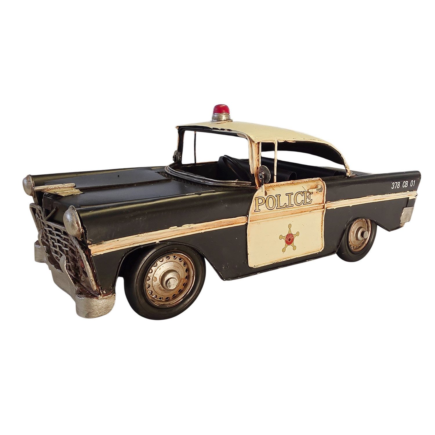 meberg Dekofigur Deko Blechauto US Police Car Schwarz Metall 31 cm US-Car Modell (1 St., Dekoration für Regal, Büro, Garage oder Hobbyraum Kein Spielzeug), Polizeiauto Vintage Look Retro Auto