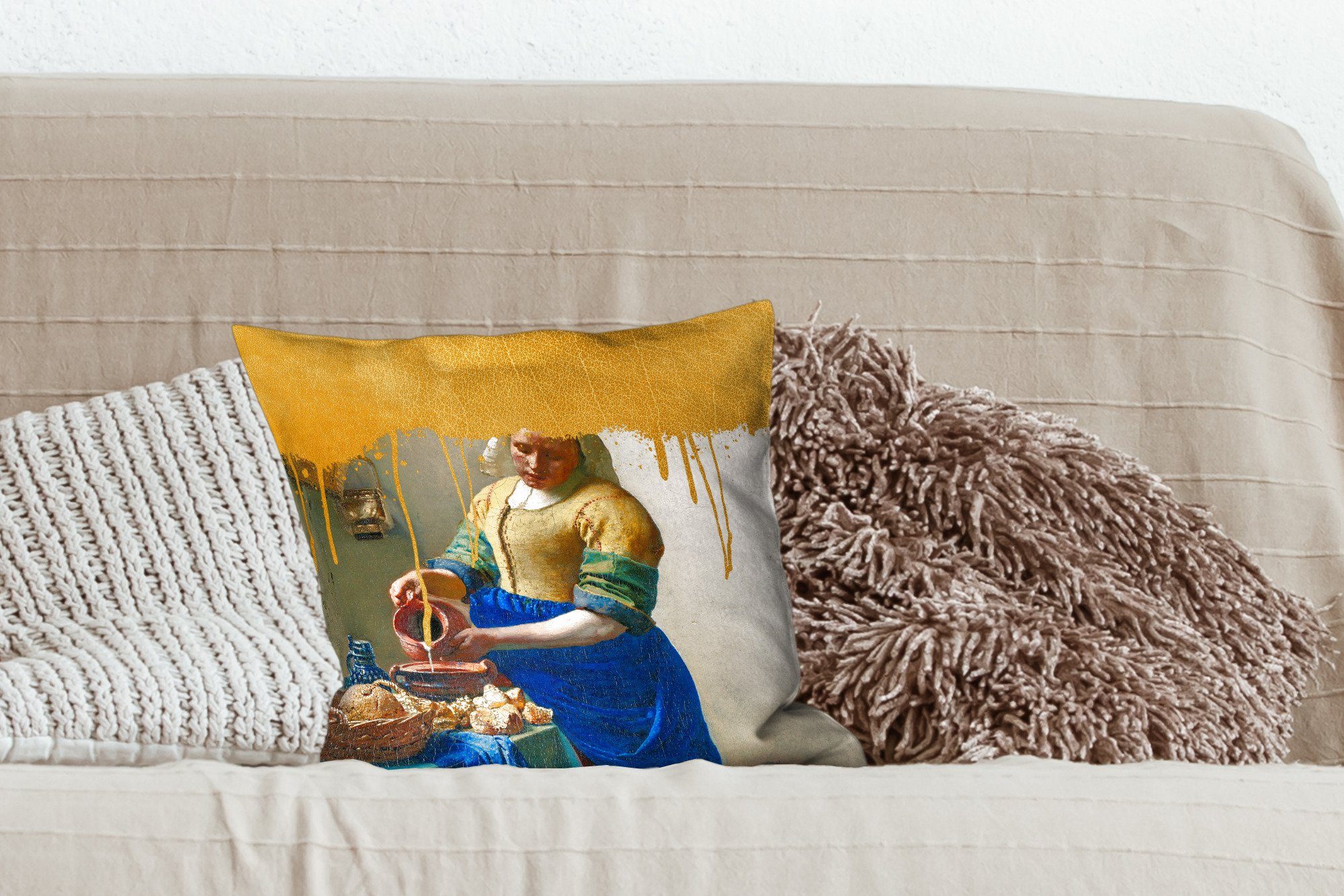 Milchmädchen MuchoWow Schlafzimmer, Vermeer, - Füllung mit - für Dekokissen Zierkissen Sofakissen Wohzimmer, Deko, Gold
